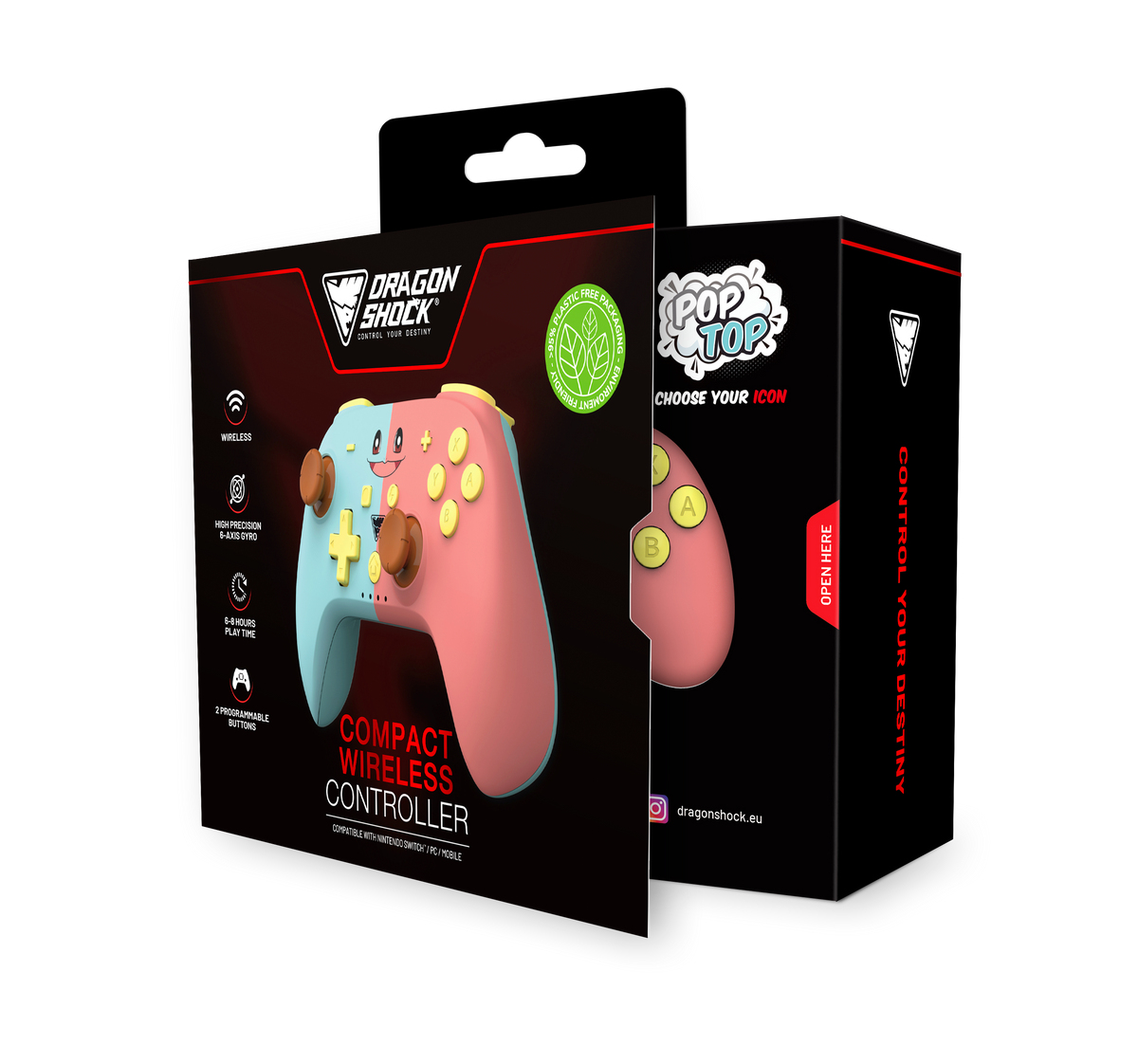 DragonShock PopTop, Gamepad, Nintendo Switch, PC, D-Pad, Home button, Turbo-Taste, Reset-Taste, Schaltfläche Start, Analog / Digital, Kabellos, Bluetooth