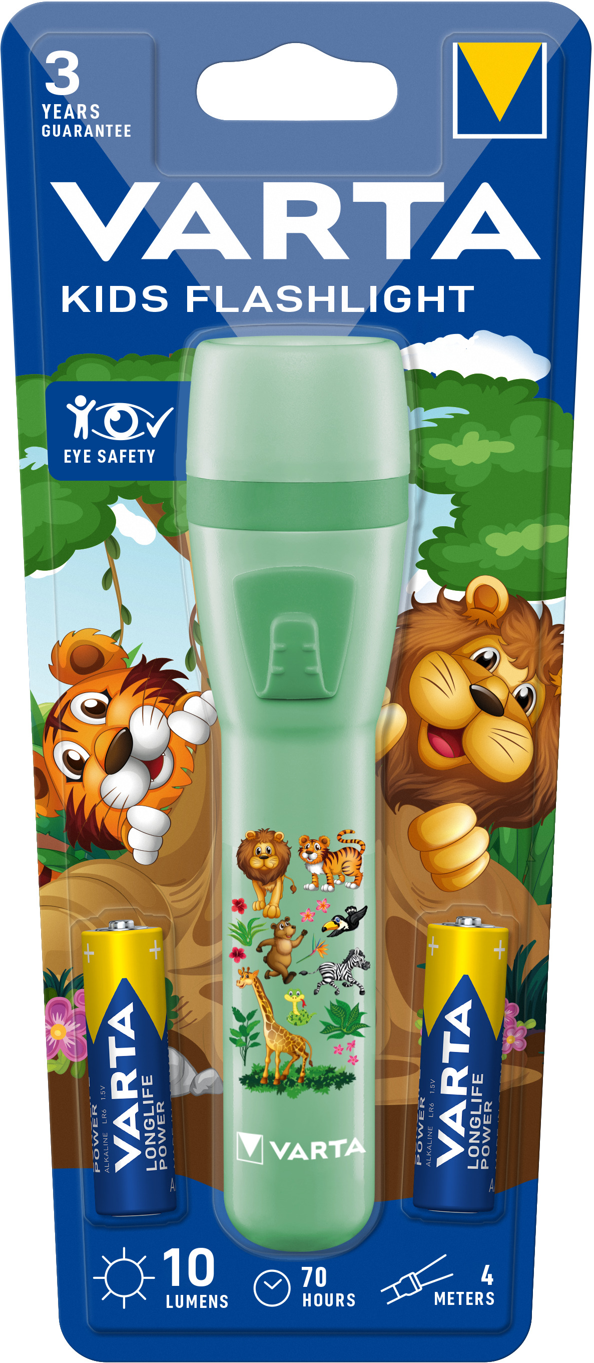 Varta Taschenlampe für Kinder inkl. 2x AA Batterien, Kids Leuchte, kleine Kindertaschenlampe Dschungel Design mit Tieren, Taschenleuchte, grün, Taschenlampe, Hellgrün, Acrylnitril-Butadien-Styrol (ABS), Polycarbonat (PC), Thermoplast, 1 m, 4 m, AA