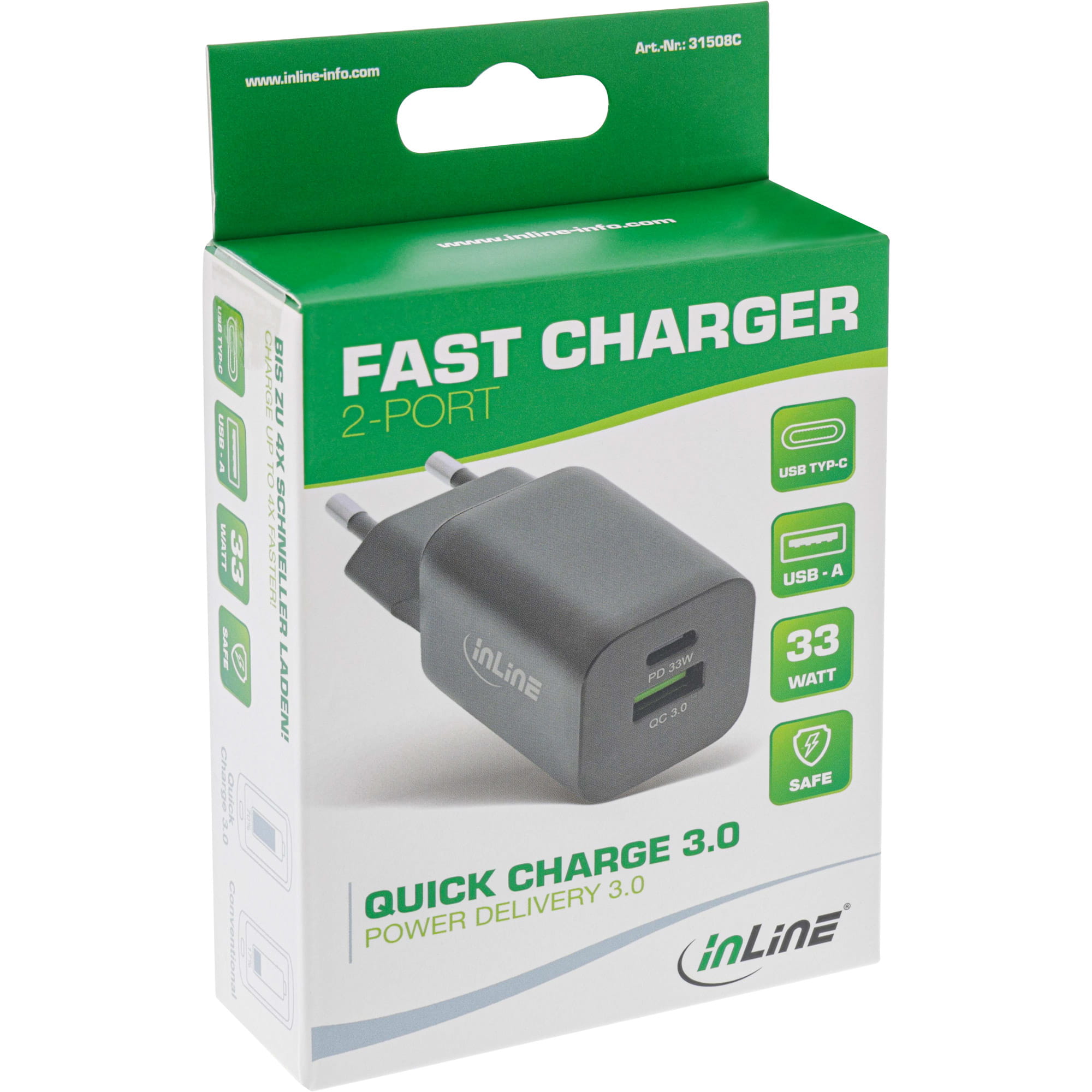 InLine Power Delivery + Quick Charge USB Netzteil - 33W - USB-A + USB-C - schwarz