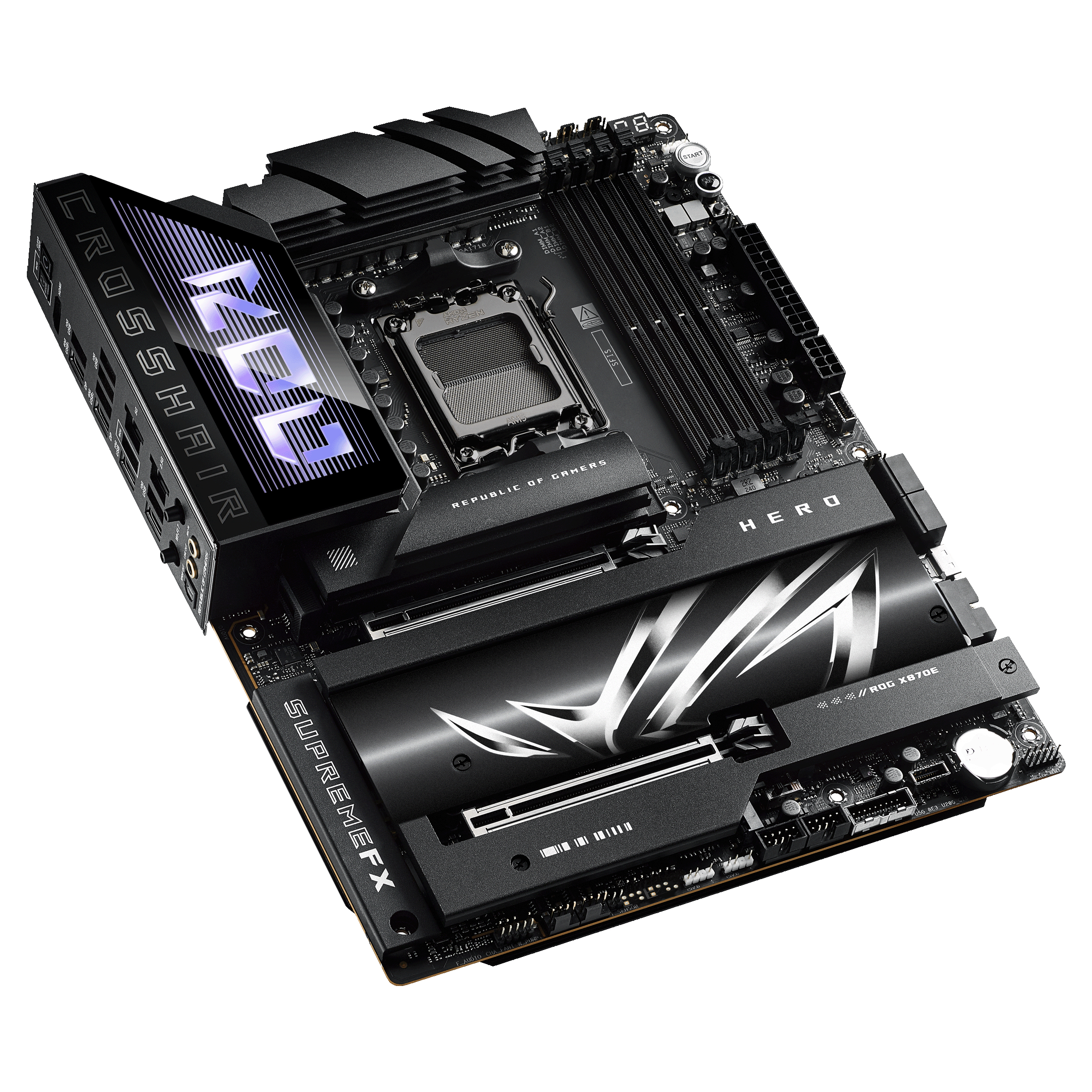 ASUS ROG CROSSHAIR X870E HERO - Motherboard - ATX - Socket AM5 - AMD X870E Chipsatz - USB4, USB 3.2 Gen 2, USB-C 3.2 Gen2, USB 3.2 Gen 1, USB-C 3.2 Gen 2x2 - Wi-Fi 7, Bluetooth, 5 Gigabit Ethernet - Onboard-Grafik (CPU erforderlich)