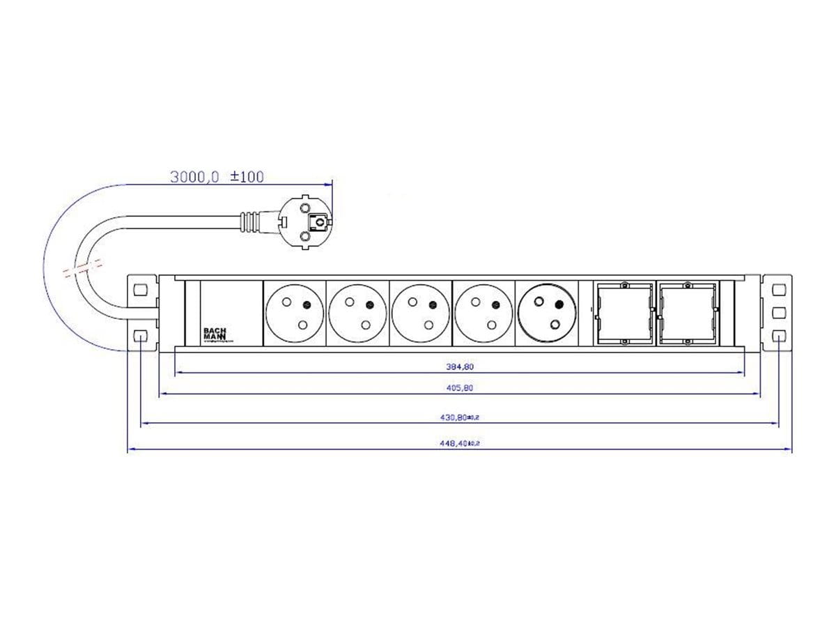 Bachmann Universal, 3 m, Drinnen, Schwarz, Silber, 5 AC-Ausgänge, 406 mm, 44 mm