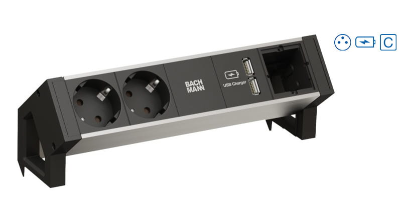 Bachmann DESK 2 ALU - Steckdosenleiste - AC - Eingabe, Eingang GST18 - Ausgangsanschlüsse: 2 (2 x BS 1363, USB)
