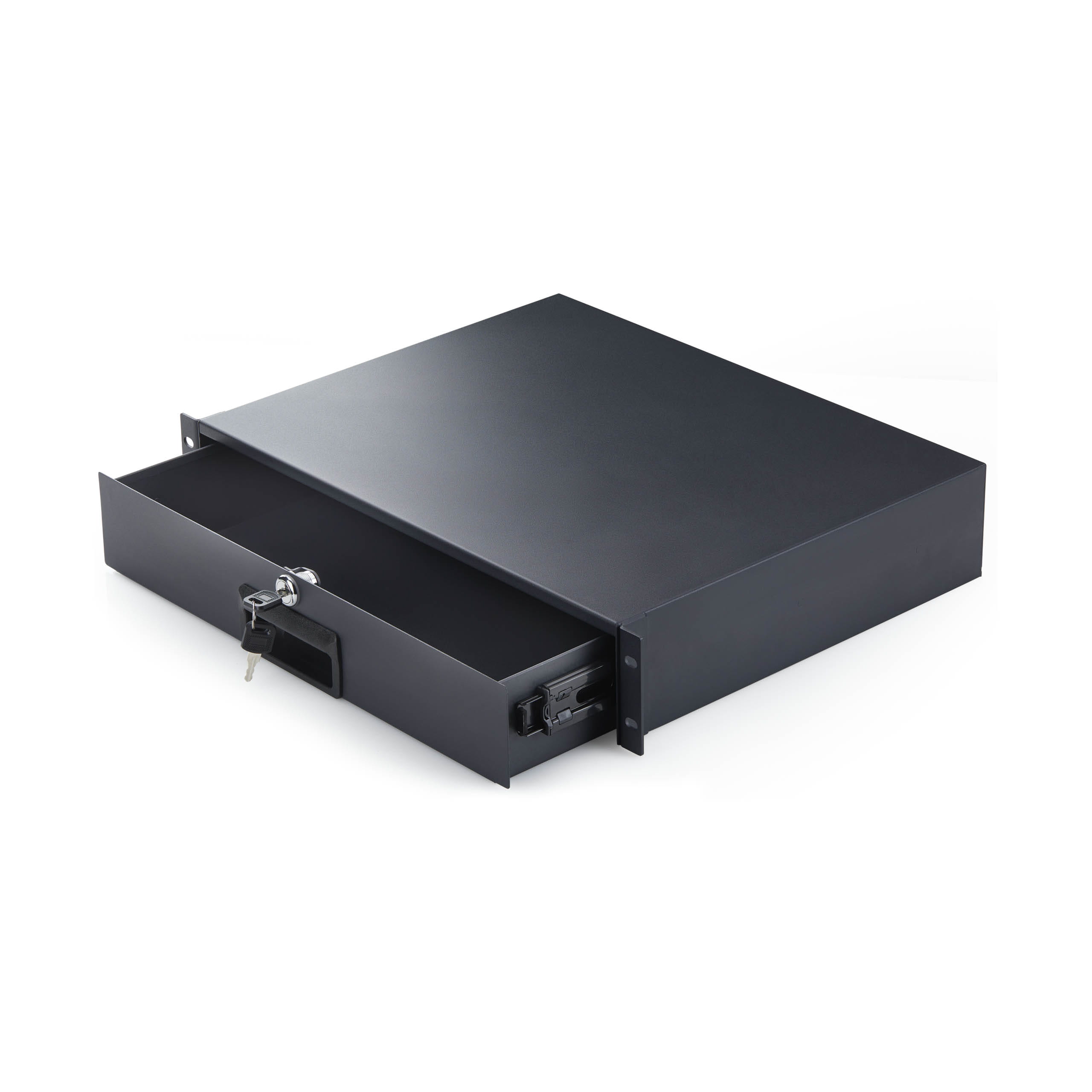 StarTech.com Startech - Rack Storage Drawer - rear cable pass-through holes, keys included, lockable, steel, 10 kg capacity - Vorderseite - Schrankmontage, Rack montierbar - Schwarz - 2U - 48.3 cm (19")