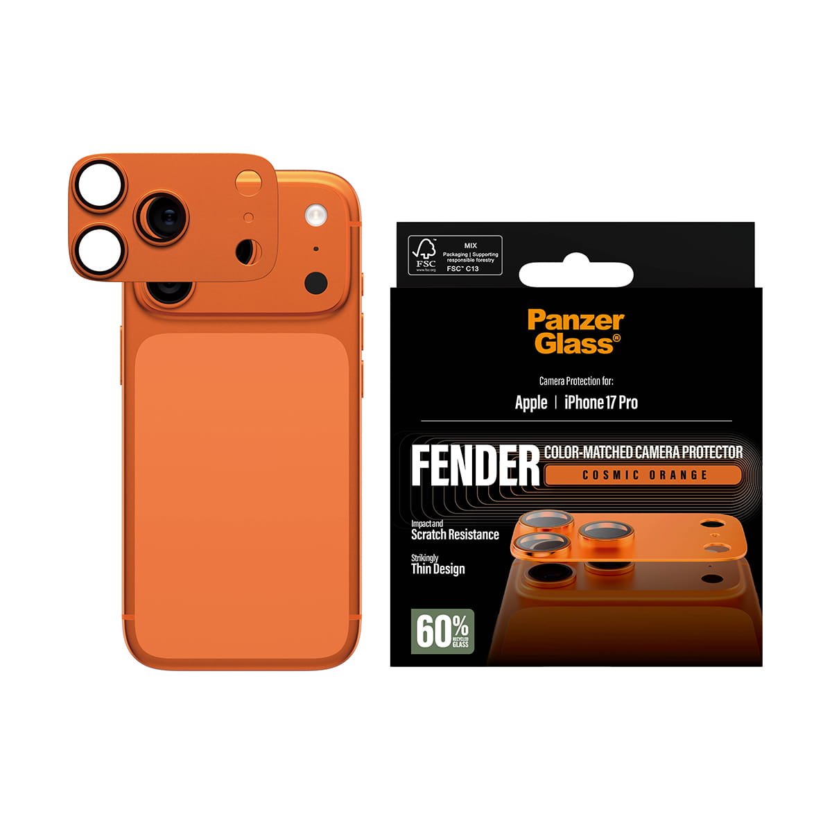 PanzerGlass ® Fender Kameraschutz Cosmic Orange iPhone 17 Pro, Apple, Apple - iPhone 17 Pro, Trockene Anwendung, Kratzresistent, Schockresistent, Orange, 1 Stück(e)