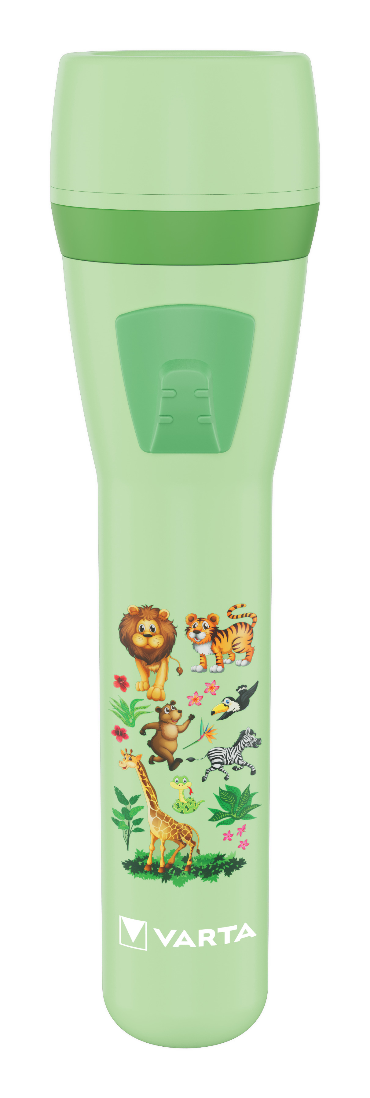 Varta Taschenlampe für Kinder inkl. 2x AA Batterien, Kids Leuchte, kleine Kindertaschenlampe Dschungel Design mit Tieren, Taschenleuchte, grün, Taschenlampe, Hellgrün, Acrylnitril-Butadien-Styrol (ABS), Polycarbonat (PC), Thermoplast, 1 m, 4 m, AA