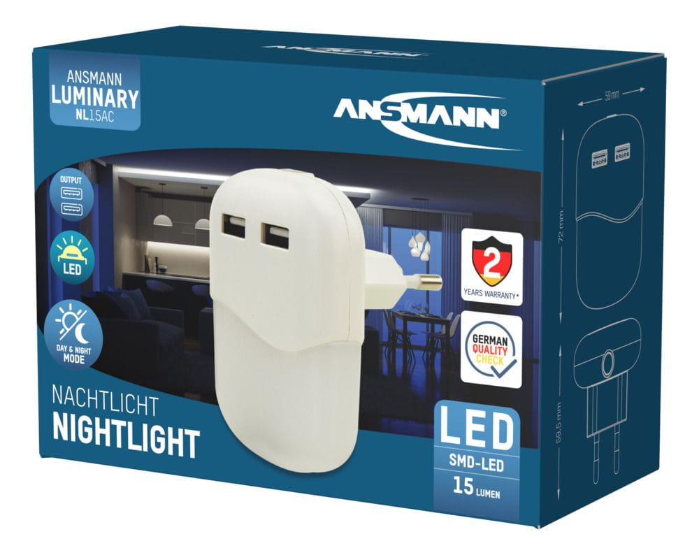 Ansmann NL15AC + 2USB, Stecker-Nachtlicht, Weiß, ABS, Polycarbonat (PC), Warmweiß, Schlafzimmer, Flur, Garage, Treppen, SMD-LED-Modul