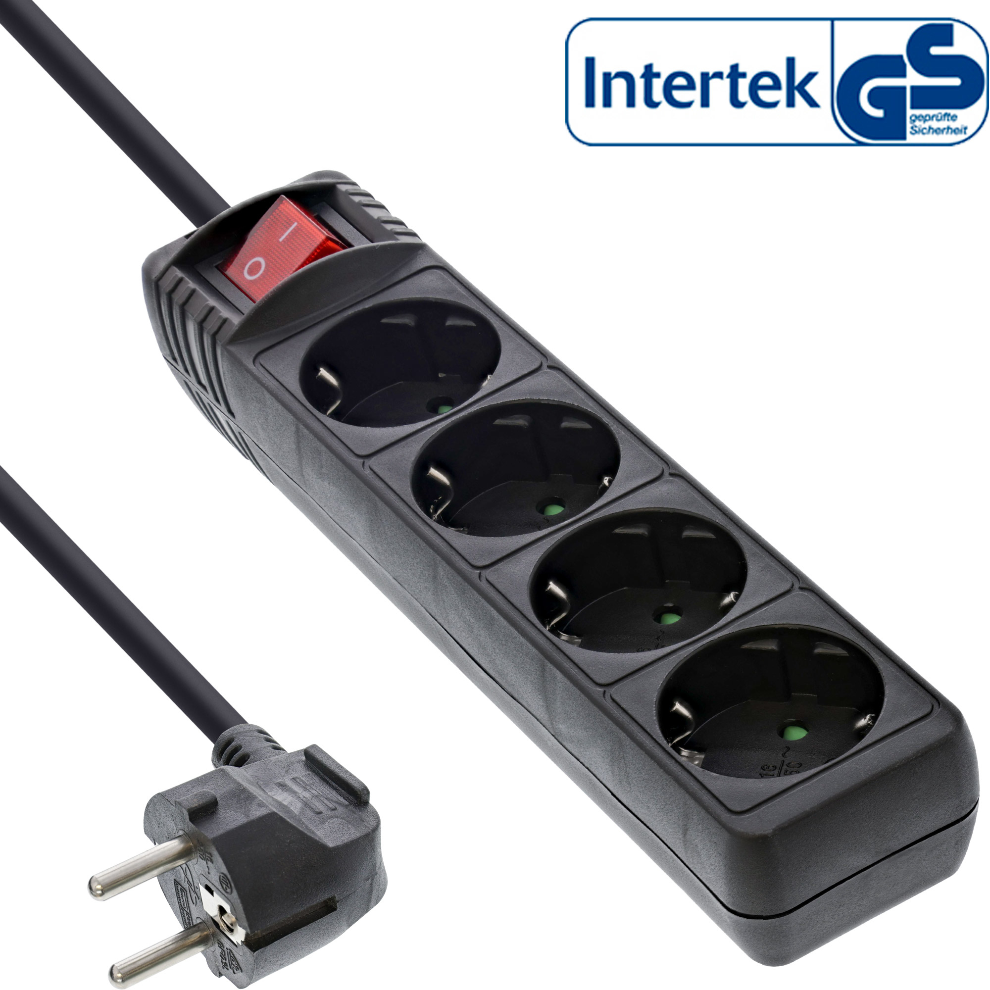InLine Steckdosenleiste - 4-fach Schutzkontakt - mit Schalter - schwarz - 1,5m
