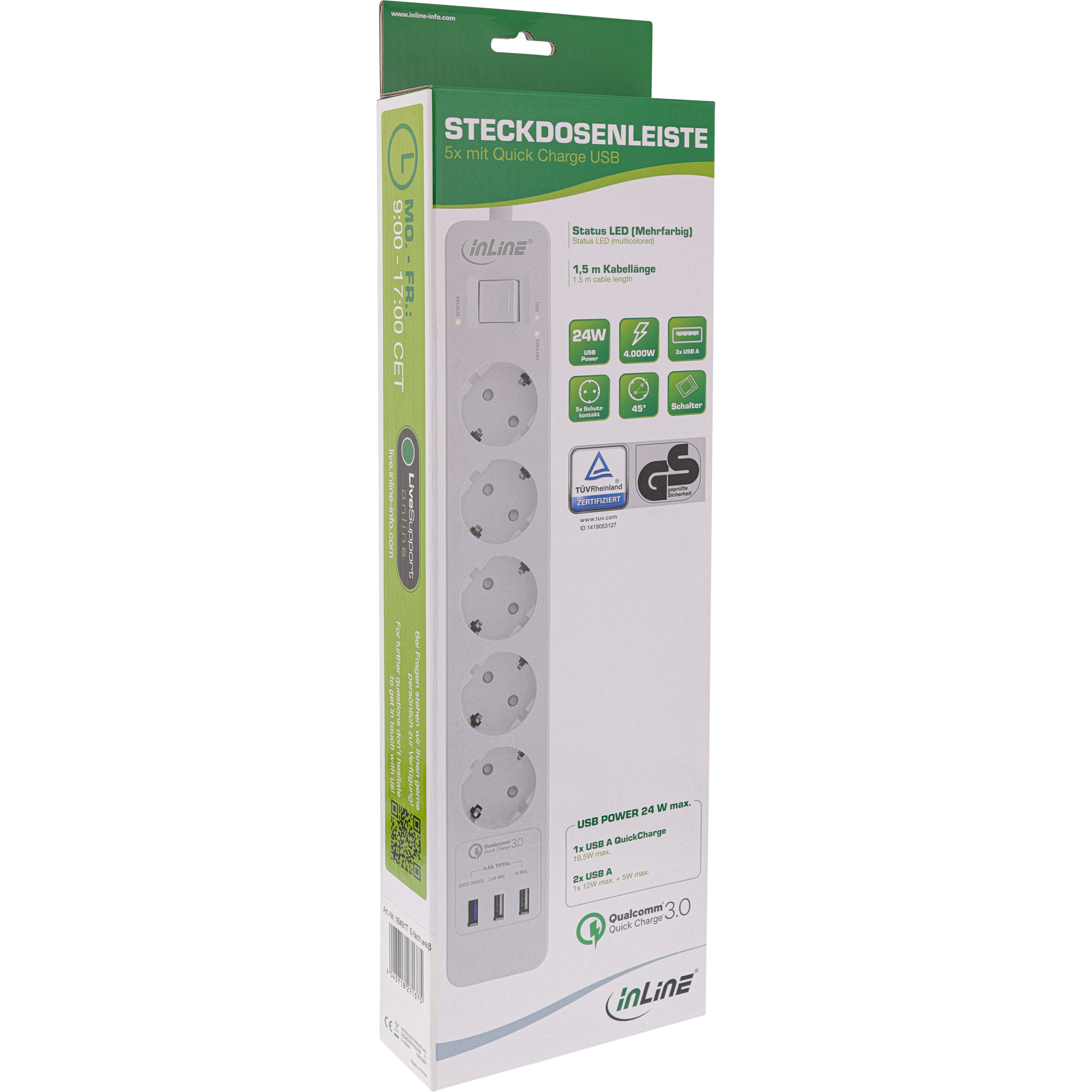 InLine Steckdosenleiste - 5-fach Schutzkontakt - ÜSS und QC3.0 - weiß InLine Steckdosenleiste - 5-fach Schutzkontakt - ÜSS und QC3.0 - weiß