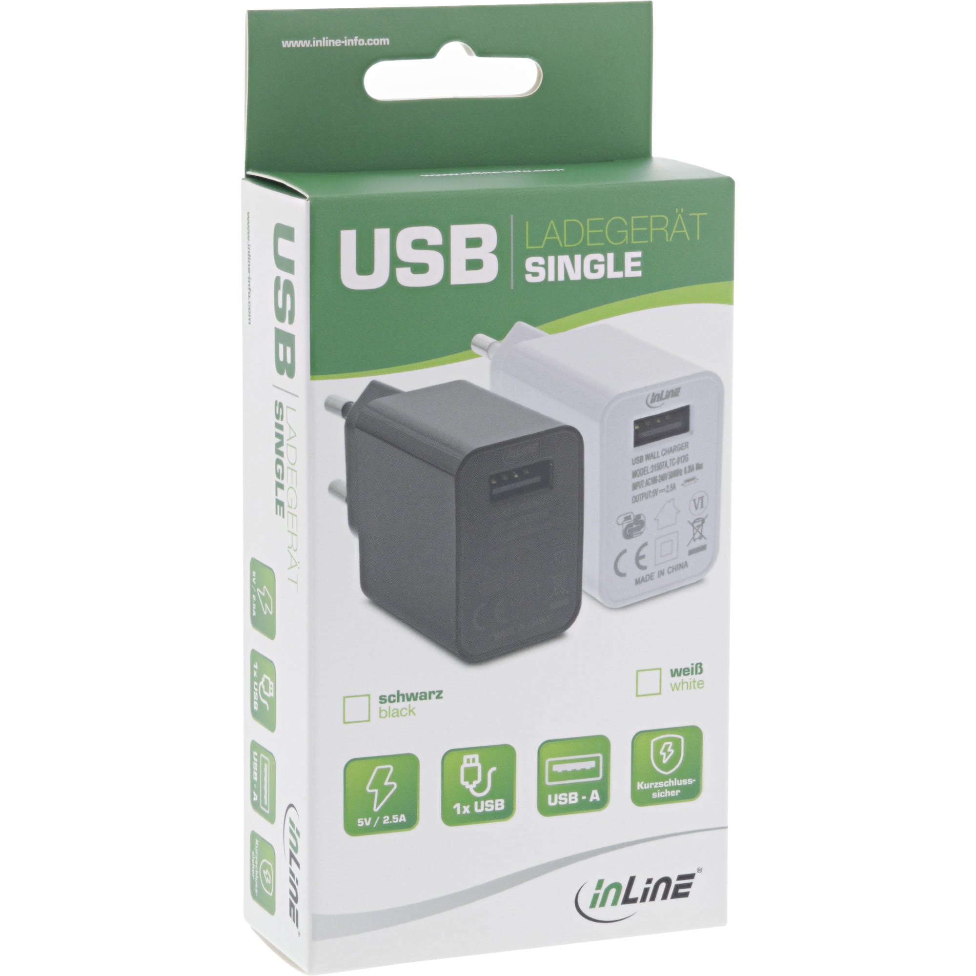 InLine USB Ladegerät Single - Netzteil - 100-240V zu 5V/2,5A - weiß