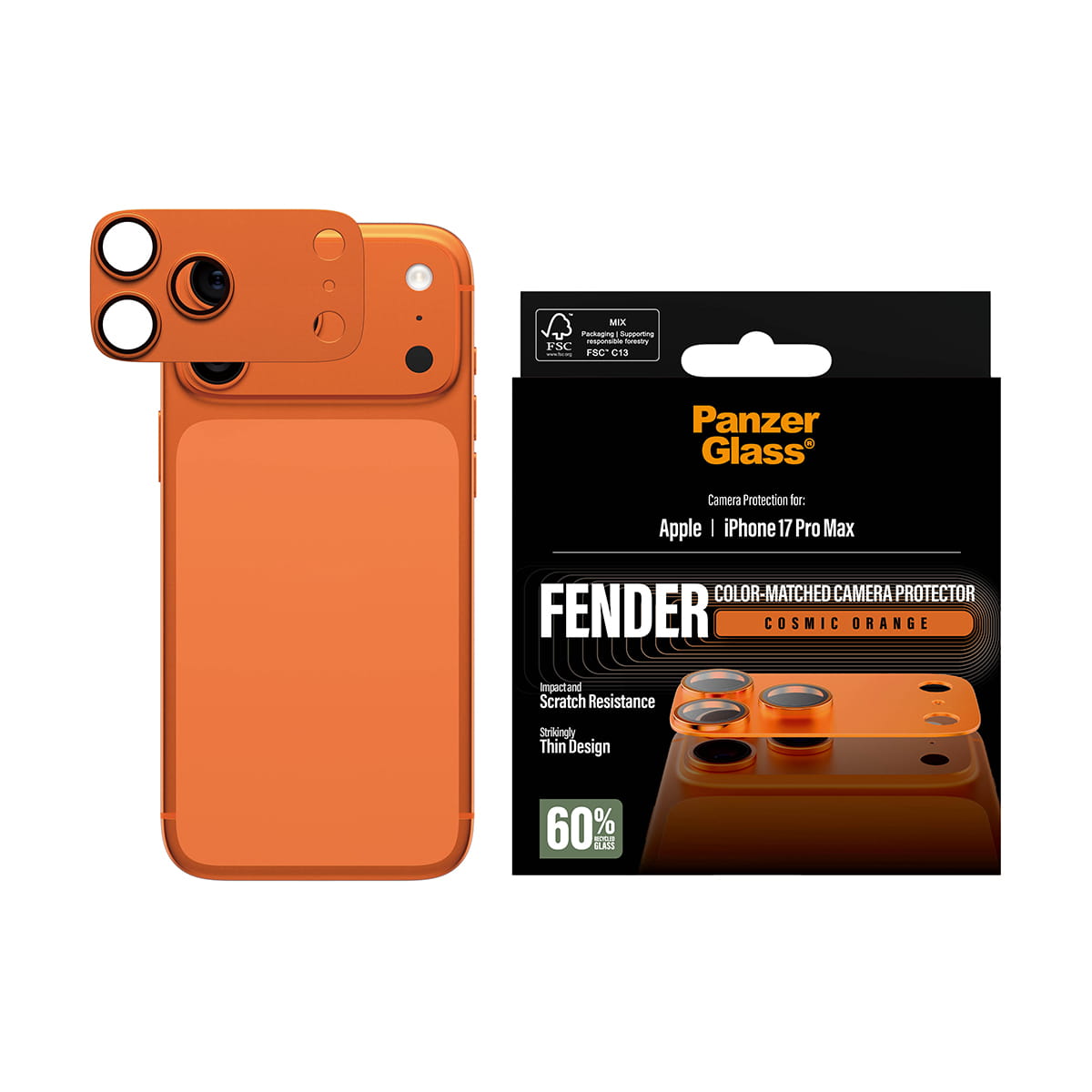 PanzerGlass ® Fender Kameraschutz Cosmic Orange iPhone 17 Pro Max, Apple, Apple - iPhone 17 Pro Max, Trockene Anwendung, Kratzresistent, Schockresistent, Orange, 1 Stück(e)