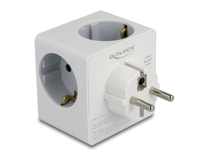 Delock Socket splitter - mit Kindersicherung - Wechselstrom 250 V - 3680 Watt - Eingabe, Eingang power CEE 7/7 - Ausgangsanschlüsse: 3 (power CEE 7/3, USB, 24 pin USB-C)