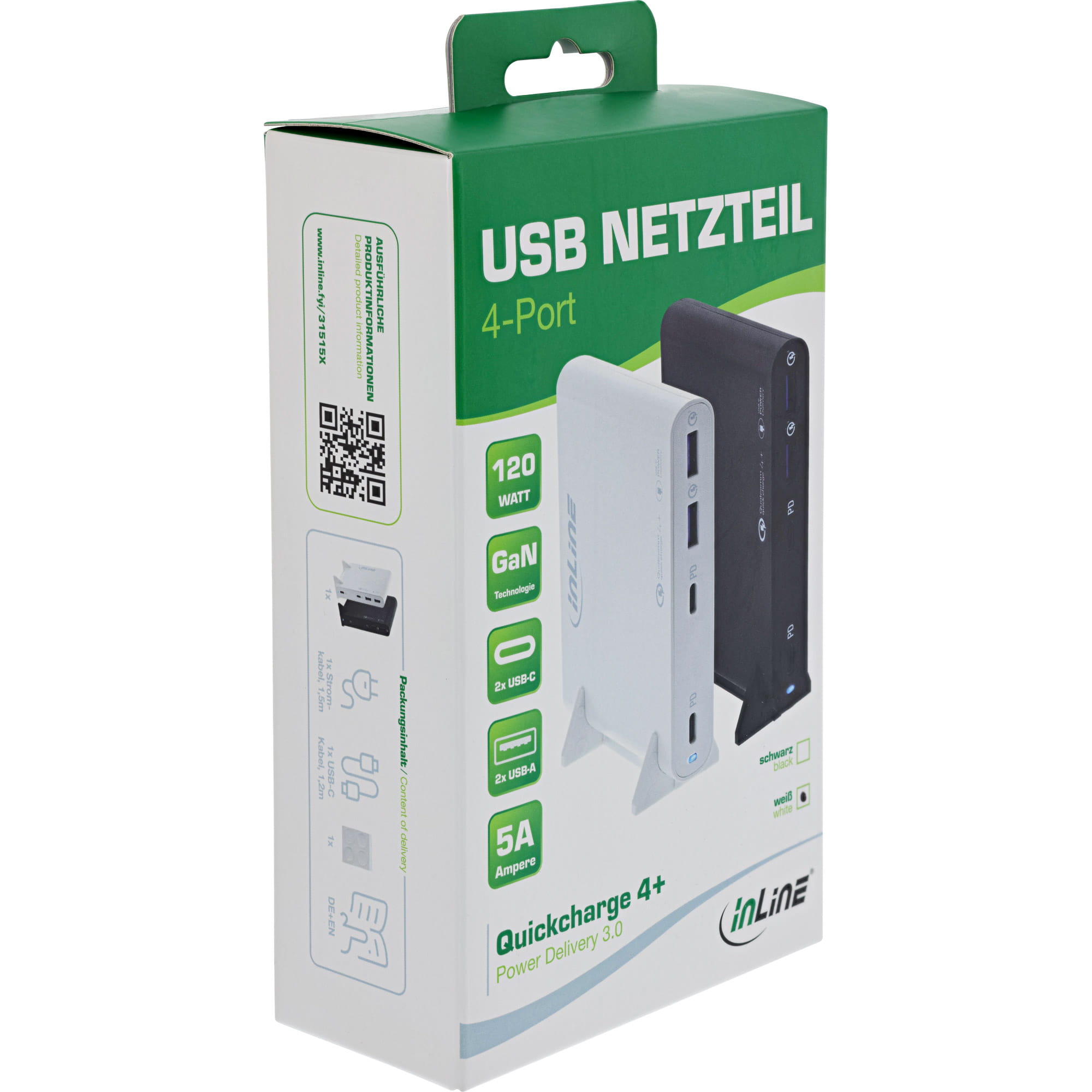 InLine USB Netzteil - GaN Ladegerät - 4-Port - 2x USB-C + 2x USB-A - 120W - schwarz