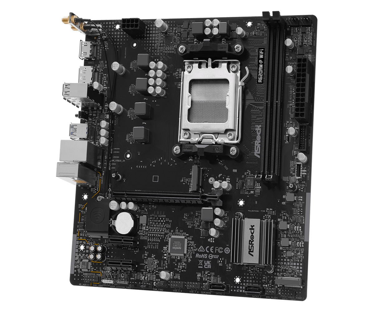 ASRock A620AM-P WIFI, AMD, Sockel AM5, AMD Ryzen 9000 Series, AMD Ryzen 8000 Series, AMD Ryzen 7000 Series, DDR5-SDRAM, 128 GB, DIMM