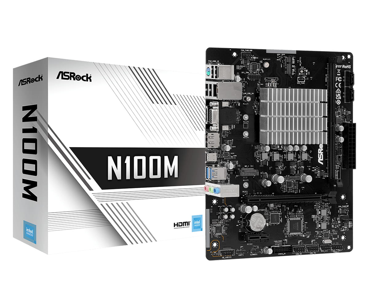 ASRock N100M - Motherboard - micro ATX - Intel N-series N100 - USB 3.2 Gen 1, USB 3.2 Gen 2 - Gigabit LAN - Onboard-Grafik - HD Audio (8-Kanal)