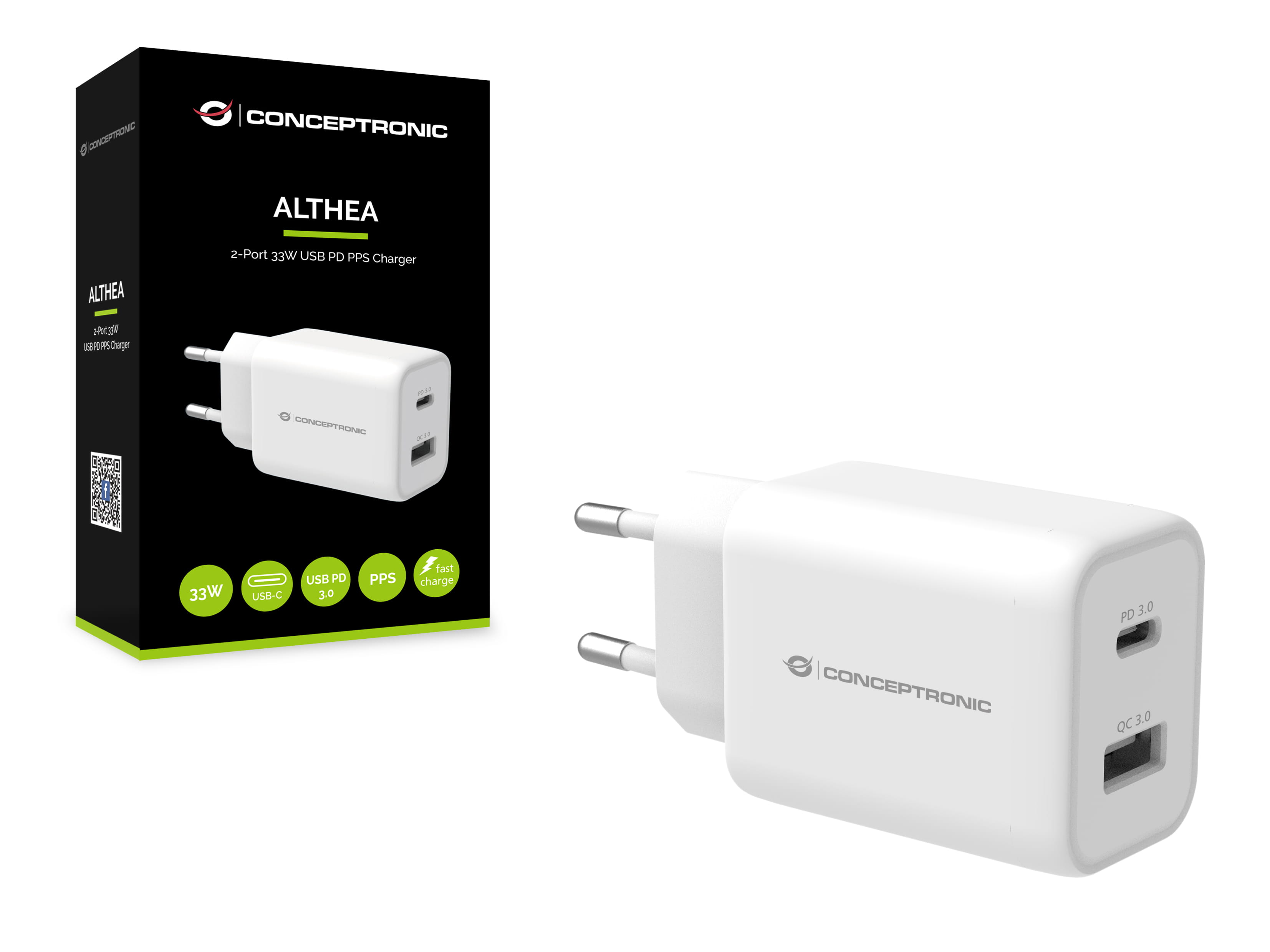 Conceptronic ALTHEA 2-Port 33W USB PD-PPS-Ladegerät, QC 3.0, Drinnen, AC, 3,3 V, Weiß