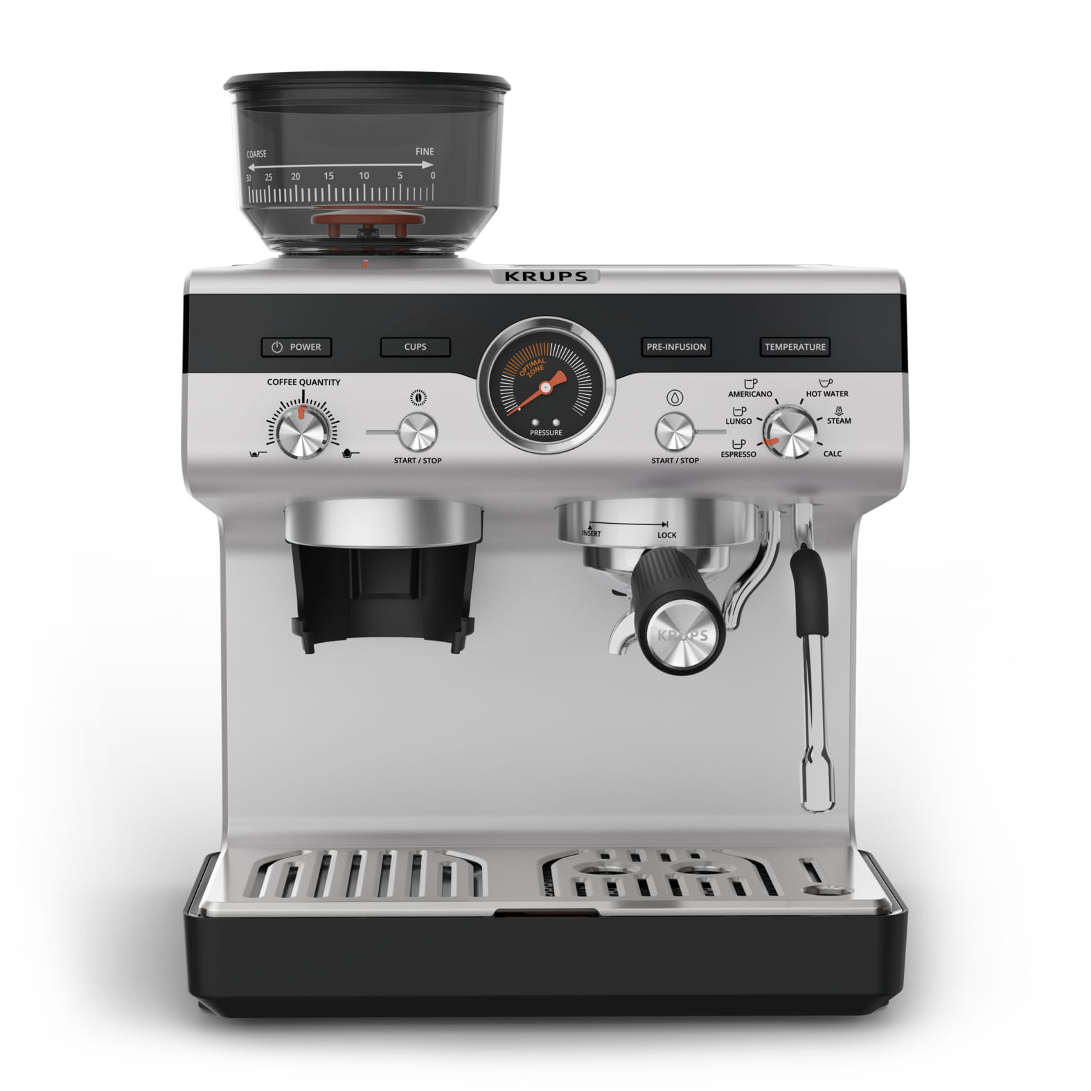Krups Precision Siebträgermaschine XP801T, Espressomaschine, 3 l, Gemahlener Kaffee, Eingebautes Mahlwerk, Schwarz, Edelstahl