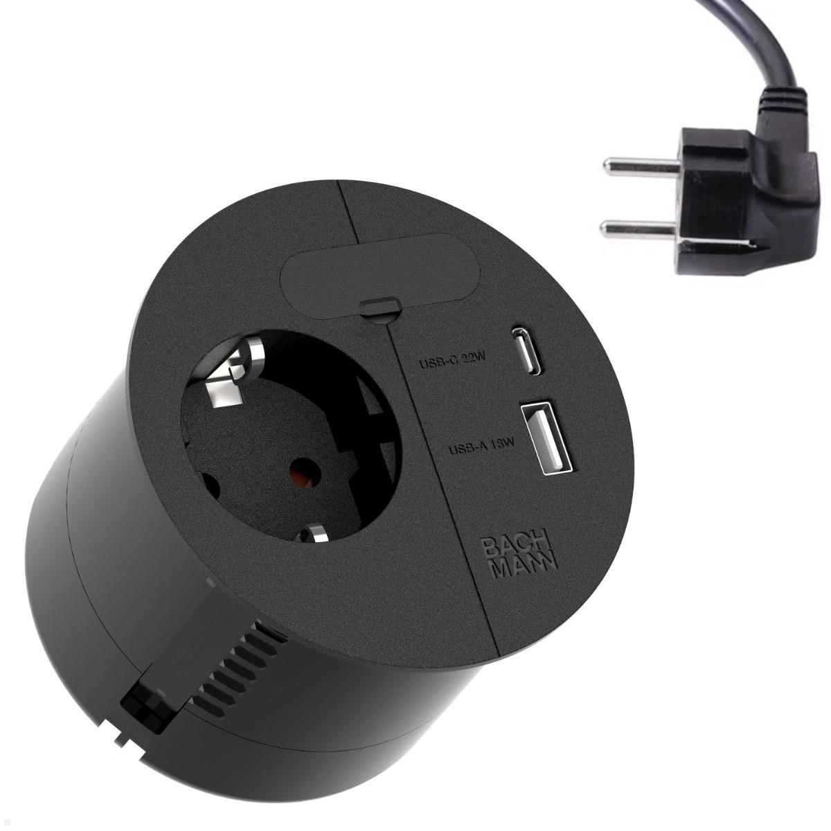 Bachmann LOOP IN CHARGE - Steckdose - 2P+E - Typ F, USB, USB Typ-C - 1 Steckdose, 1 USB-Anschluss, 1 USB-C socket - 16 A - matte black (RAL 9005)