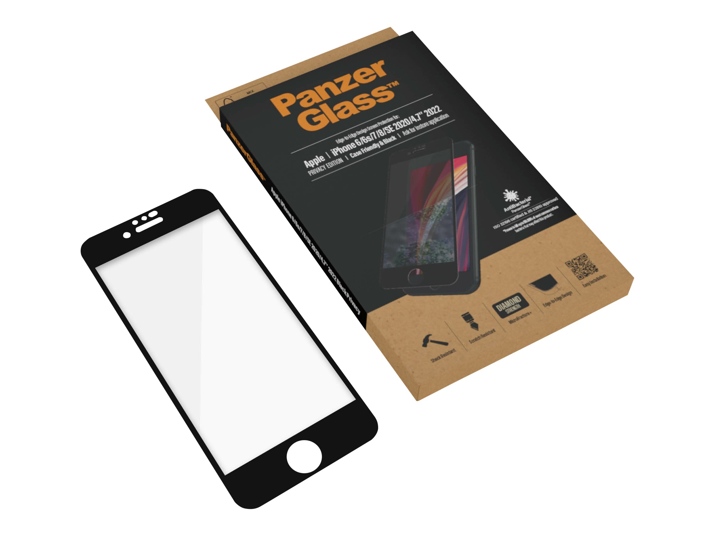 PanzerGlass Bildschirmschutz für Handy - Glas - Rahmenfarbe schwarz - für Apple iPhone 6, 6s, 7, 8, SE (2. Generation)