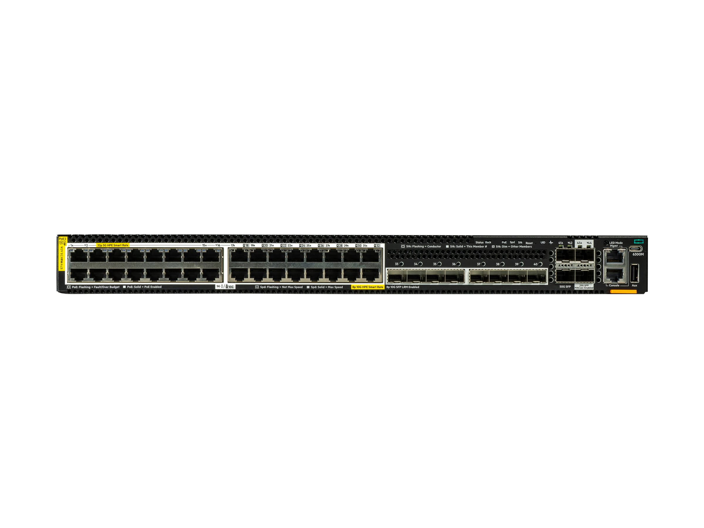 HPE Aruba Networking CX 6300M 32p Smart Rate 5G CL8 8p SFP+ 10G LRM 2p SFP56 50G 2p SFP28 25G MACsec TAA Switch - Switch - L3 - managed - 32 x 1/2.5/5GBase-T (PoE++)