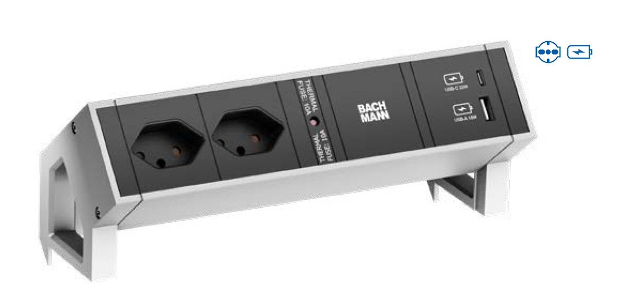 Bachmann DESK 2 - Steckdosenleiste - included mounting bracket - Eingabe, Eingang GST18 - Ausgangsanschlüsse: 2 (2 x CEI 23-50 P 40, 24 pin USB-C, USB)