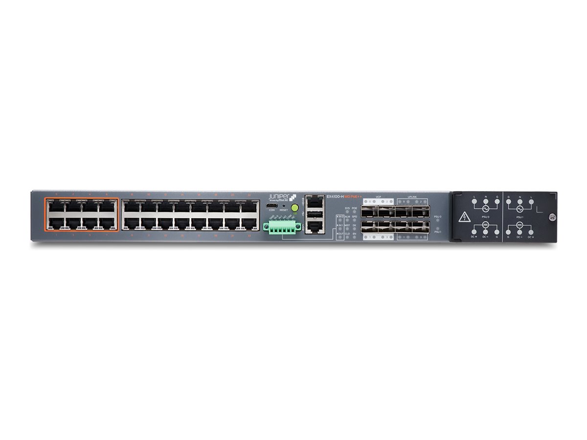 Juniper EX Series EX4100-H-24F-DC - Switch - L3 - managed - 16 x 10/100/1000Base-T + 4 x 100/1000/2.5G + 4 x 10 Gigabit (Uplink)