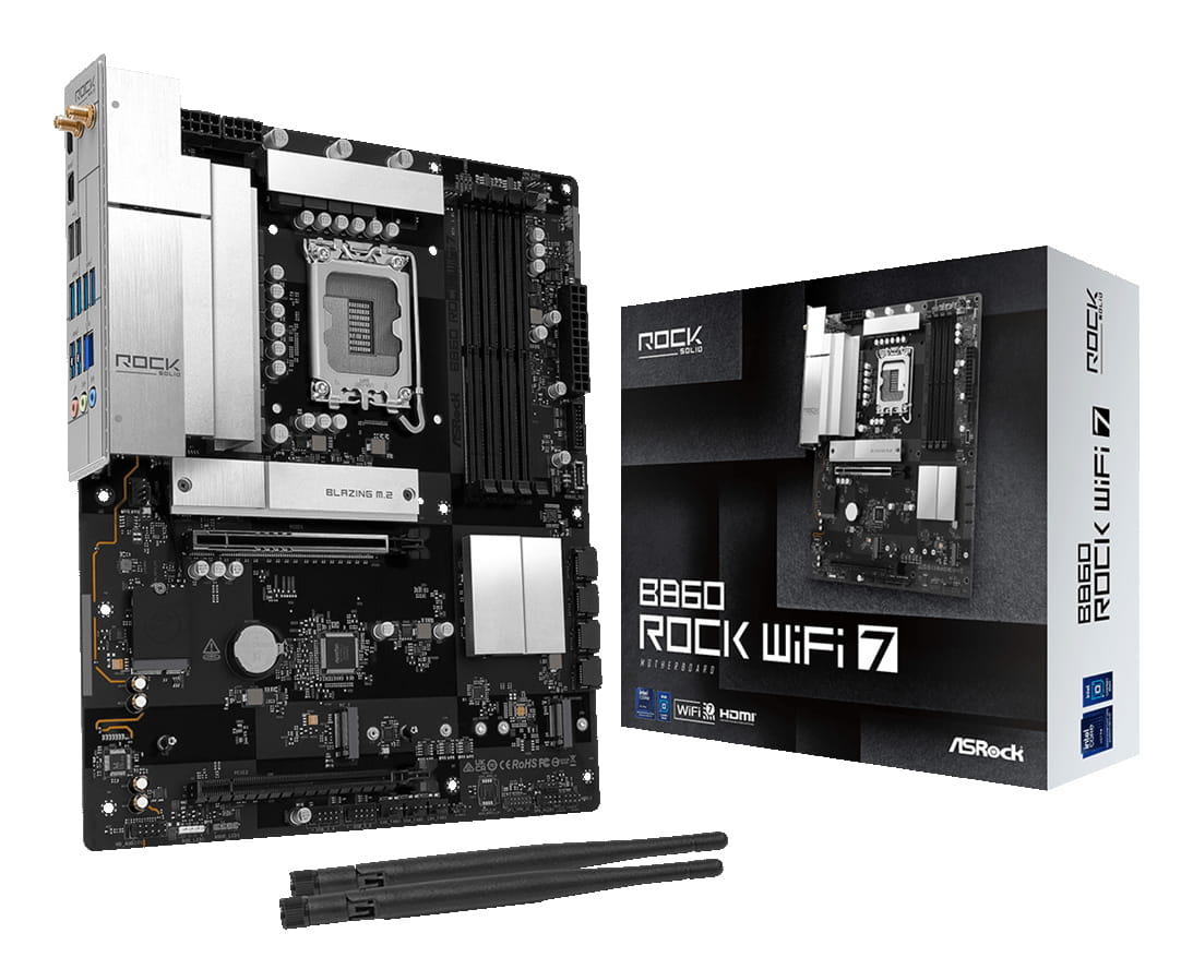 ASRock B860 Rock WiFi 7 - Motherboard - ATX - LGA1851 Sockel - B860 Chipsatz - USB 3.2 Gen 1, USB-C 3.2 Gen 1 - 2.5 Gigabit LAN, Bluetooth, Wi-Fi 7 - Onboard-Grafik (CPU erforderlich)