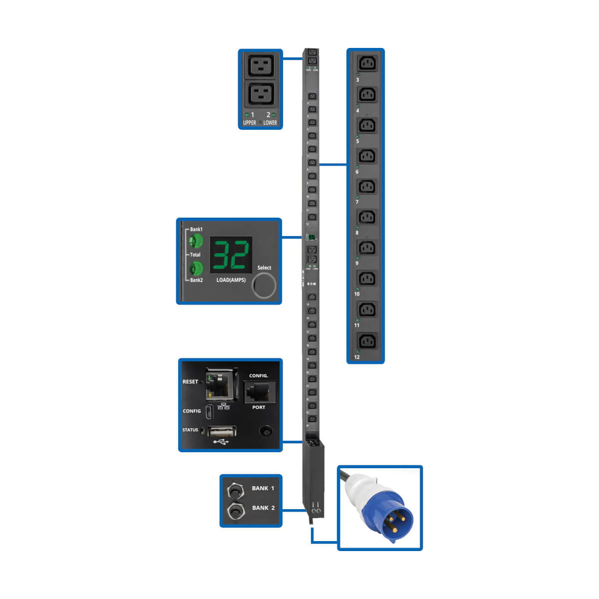 Tripp Eaton 7.7kW Single-Phase Switched PDU with LX Platform Interface, 230V Output, IEC 309 32A Blue, 10 ft. (3.05 m)