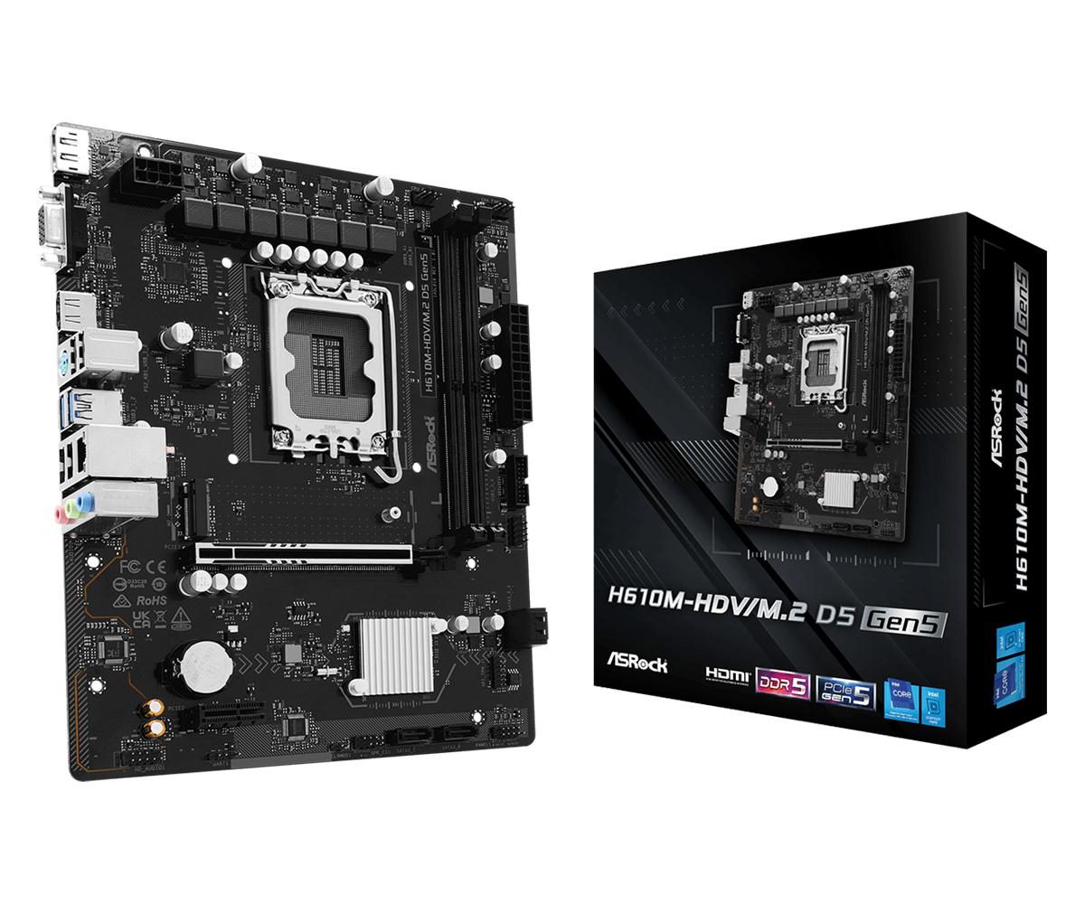 ASRock H610M-HDV/M.2 D5 Gen5, Intel, LGA 1700, Intel Core i7 12th Gen, Intel Core i5 14th Gen, Intel Core i5 13th Gen, Intel Core i5 12th Gen,..., DDR5-SDRAM, 128 GB, DIMM