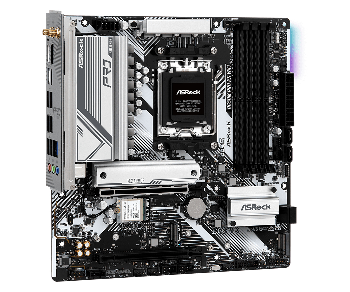 ASRock B650M Pro RS WiFi - Motherboard - micro ATX - Socket AM5 - AMD B650 Chipsatz - USB-C 3.2 Gen2, USB-C 3.2 Gen 1, USB 3.2 Gen 2, USB 3.2 Gen 1 - 2.5 Gigabit LAN, Wi-Fi 6E, Bluetooth - Onboard-Grafik (CPU erforderlich)