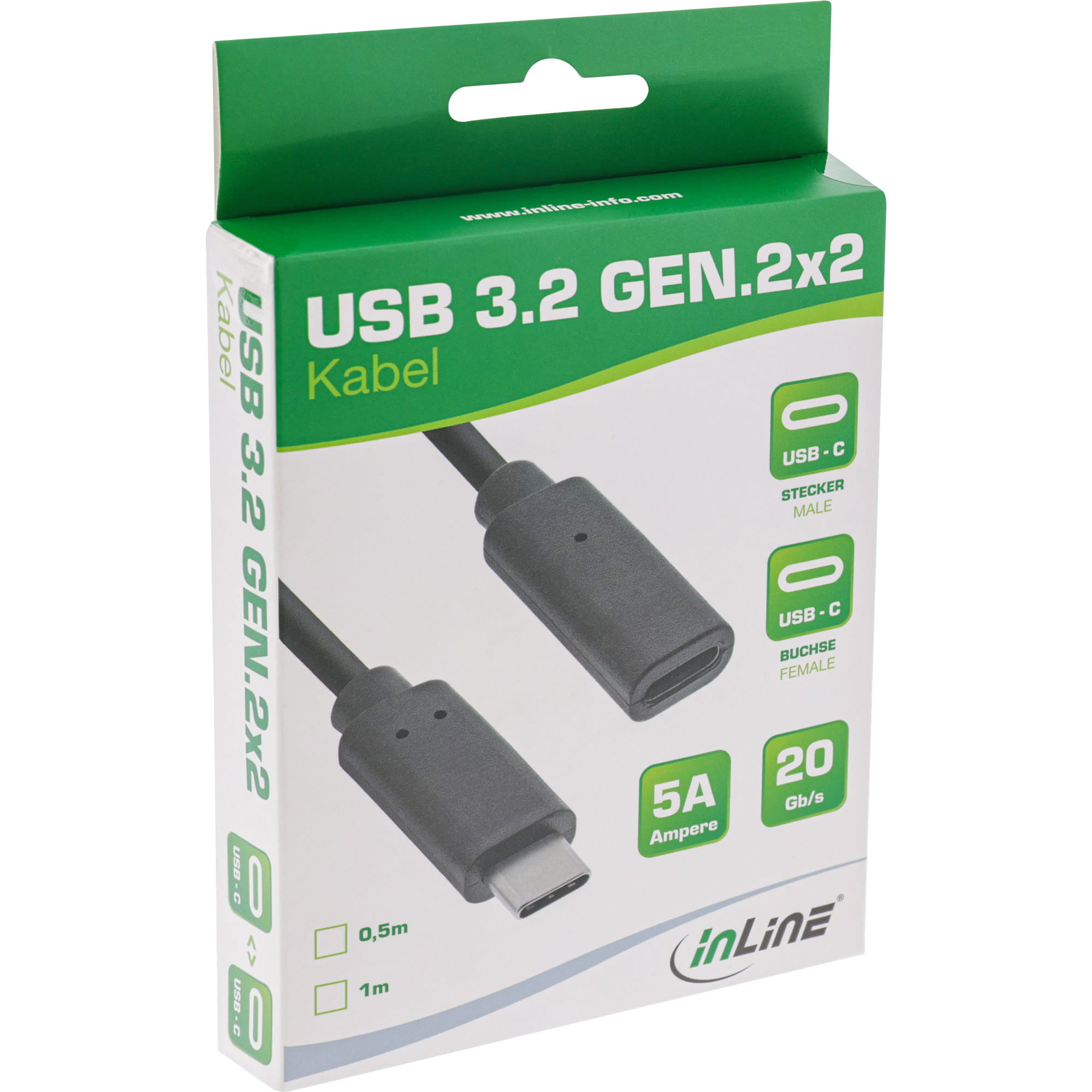 InLine USB 3.2 Gen.2x2 Kabel - USB-C Verlängerung ST/BU - schwarz - 0,5m