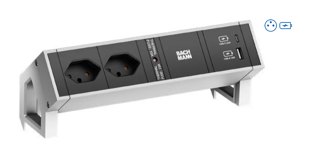 Bachmann DESK 2 - Steckdosenleiste - included mounting bracket - Wechselstrom 250 V - 3680 Watt - Eingabe, Eingang GST18 - Ausgangsanschlüsse: 2 (2 x CEE 7/5, 24 pin USB-C, USB)