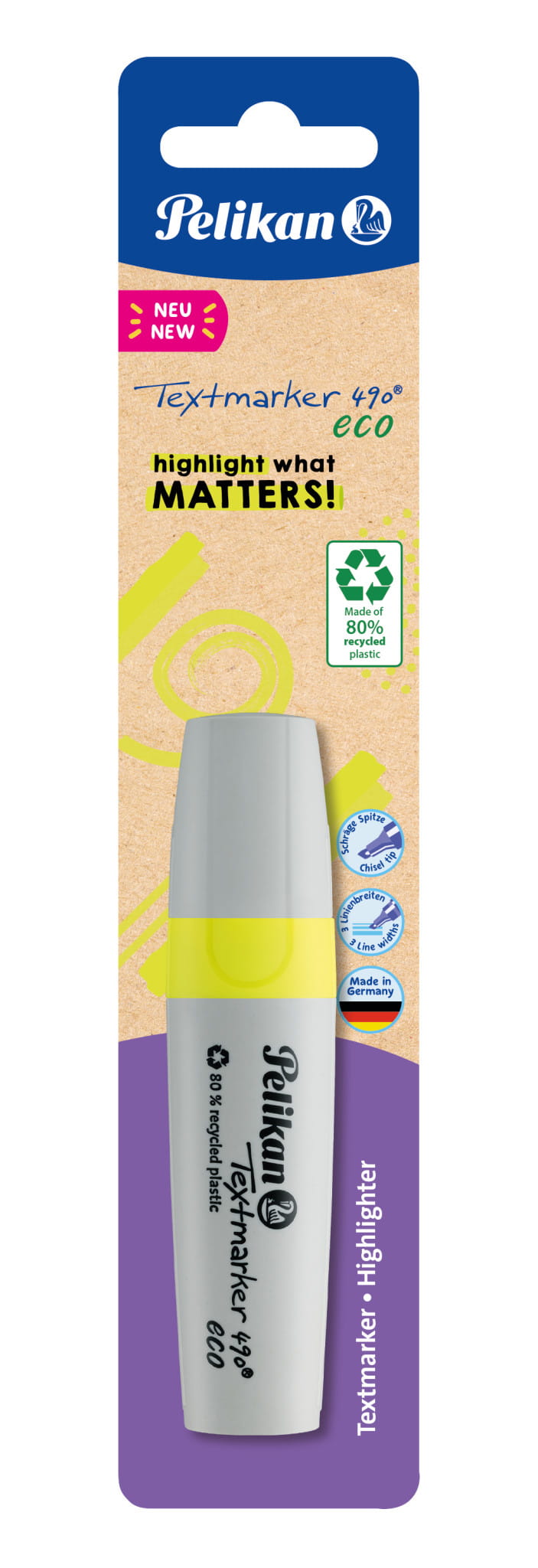 Pelikan Textmarker 490 eco, 1 Stück(e), Gelb, Meißel, Recycelbarer Kunststoff, Fett/Fein/Mittel, 1 mm