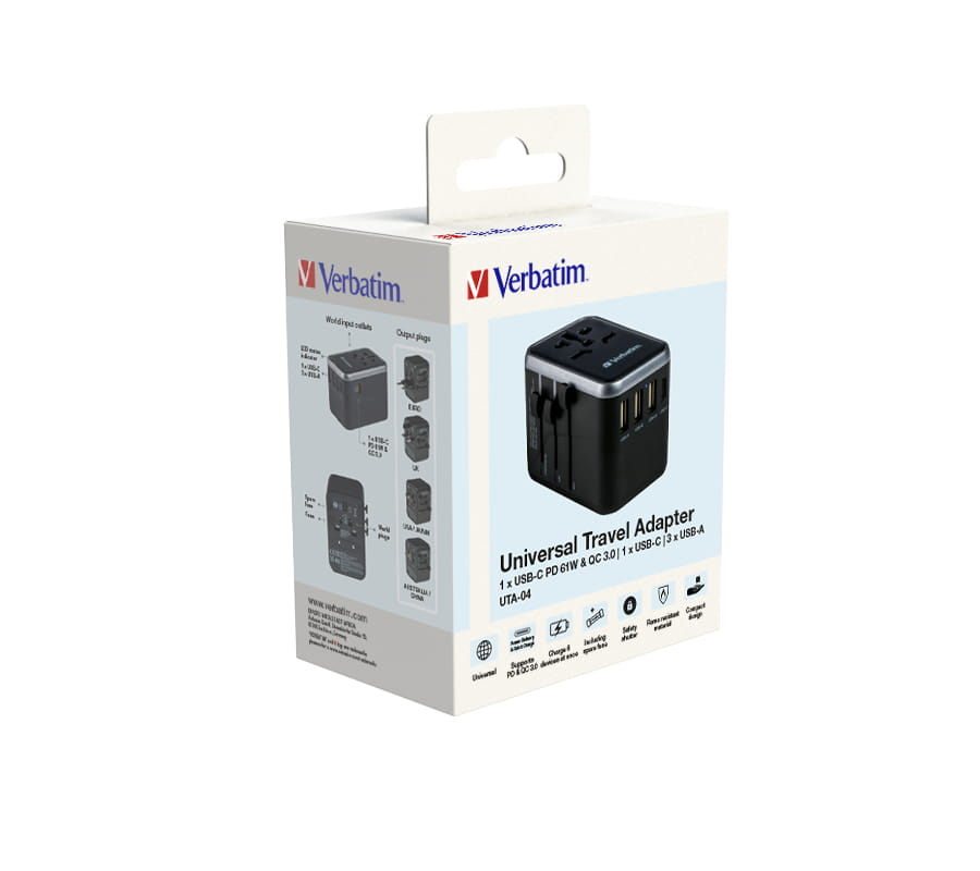 Verbatim UTA-04 - Netzteil - Universal - 61 Watt - 3 A - QC 3.0, PD 3.0 - 5 Ausgabeanschlussstellen (2 x USB-C, 3 x USB Typ A)