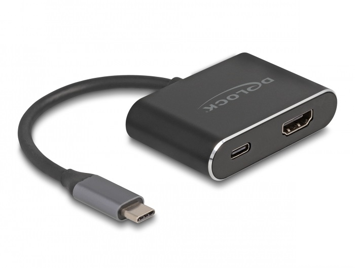 Delock Videoadapter - 24 pin USB-C männlich zu HDMI, 24 pin USB-C weiblich - 15 cm - Schwarz - USB-Stromversorgung (100 W)