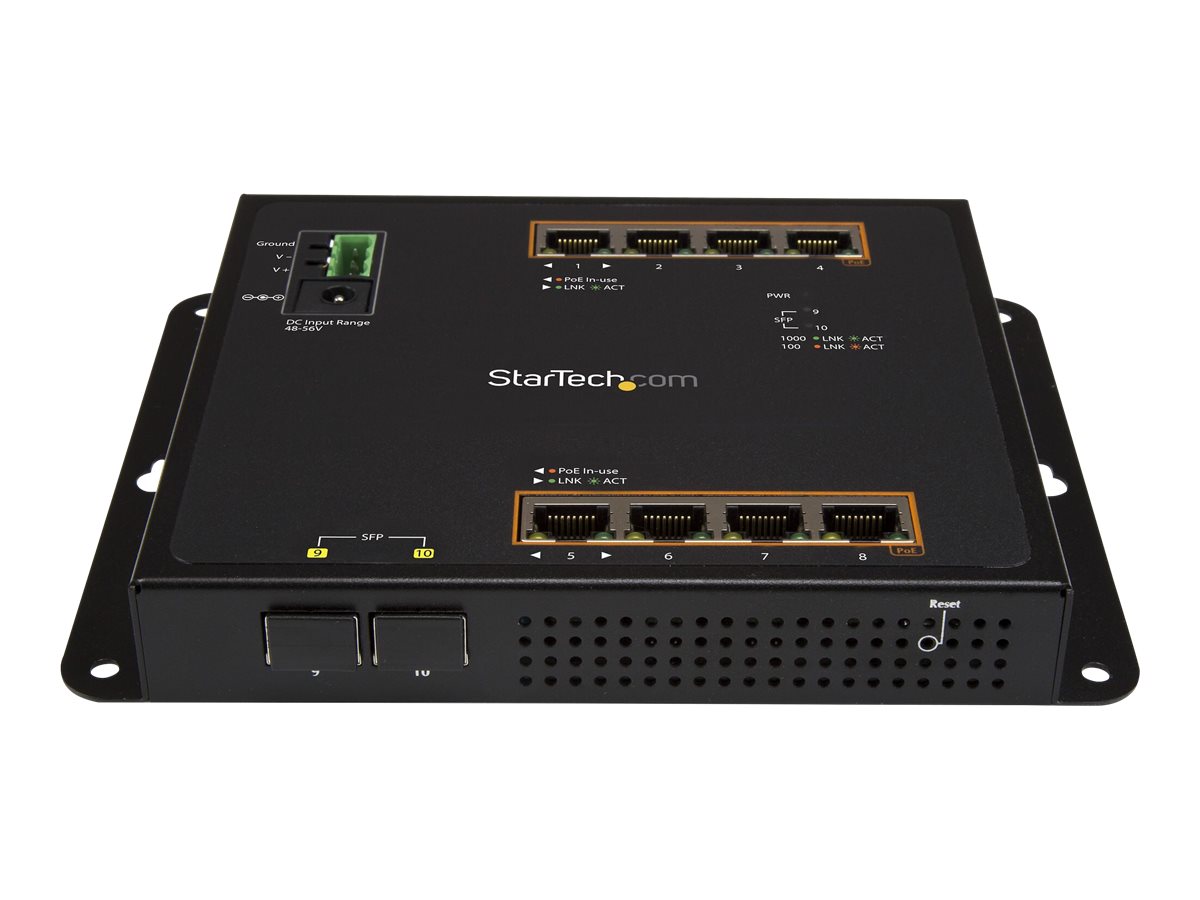 StarTech.com 8 Port PoE+ Gigabit Ethernet Switch plus 2 SFP Ports - Industrieller Managed Gigabit Switch - Wandmontage mit Front Zugriff - Switch - managed - 8 x 10/100/1000 (PoE+)