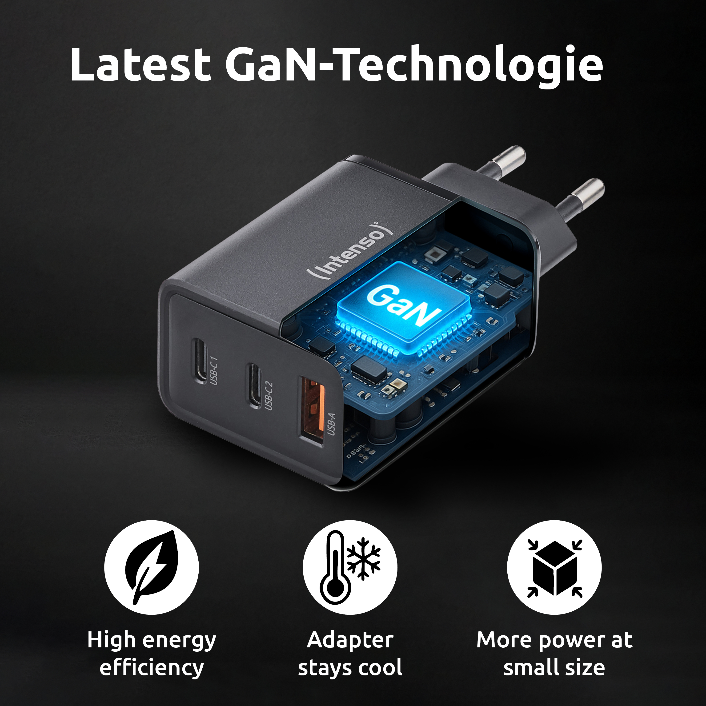 Intenso Power Adapter W65ACC, USB Netzteil mit 1 USB-A und 2 USB-C Anschlüssen, schwarz, Drinnen, 120 - 140 V, 50/60 Hz, 65 W, 11 V, Schwarz