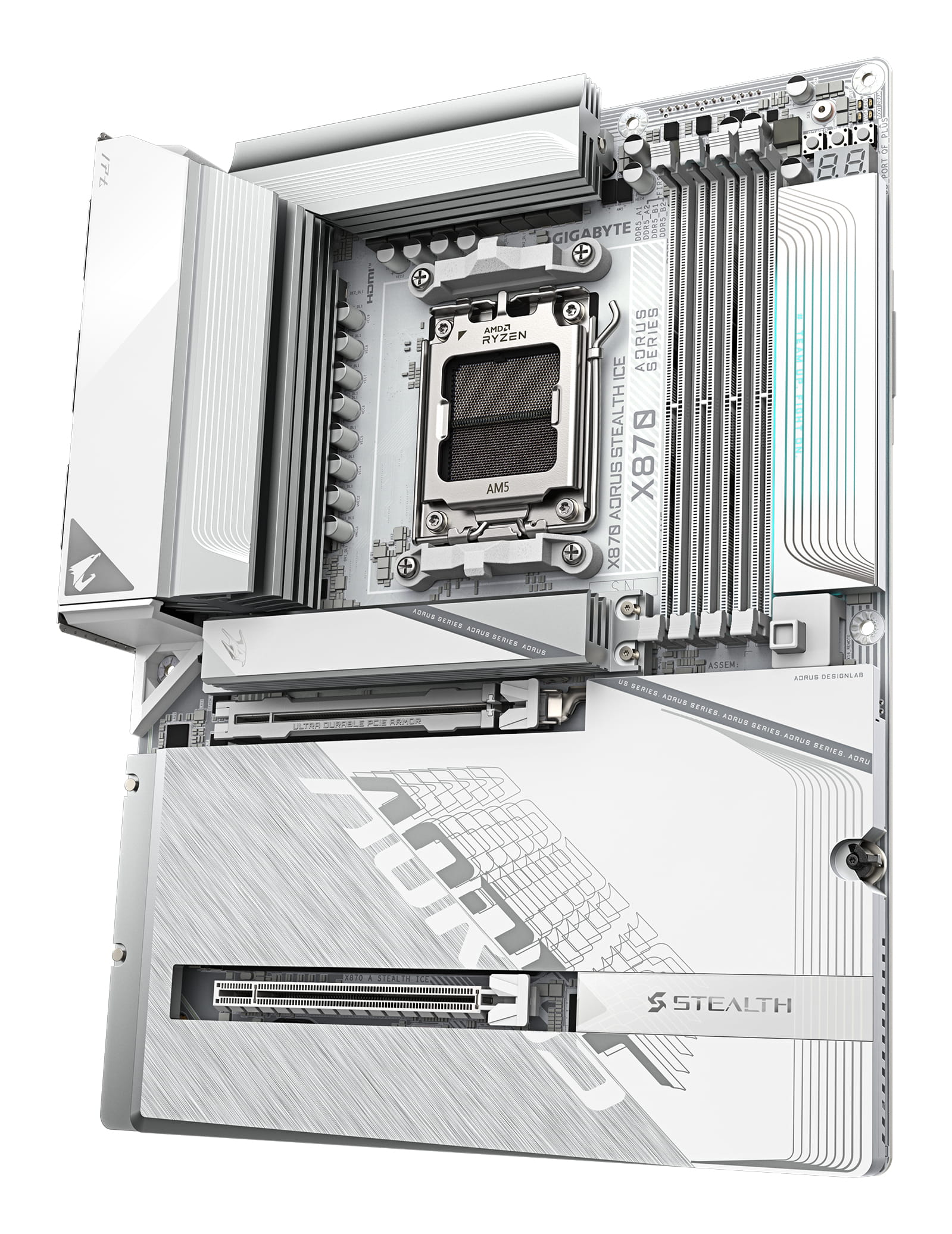 Gigabyte AORUS X870 STEALTH ICE - Motherboard - ATX - Socket AM5 - AMD X870 Chipsatz - USB-C 3.2 Gen 2x2, USB 3.2 Gen 2, USB 3.2 Gen 1 - Wi-Fi 7, Bluetooth, 5 Gigabit Ethernet - Onboard-Grafik (CPU erforderlich)