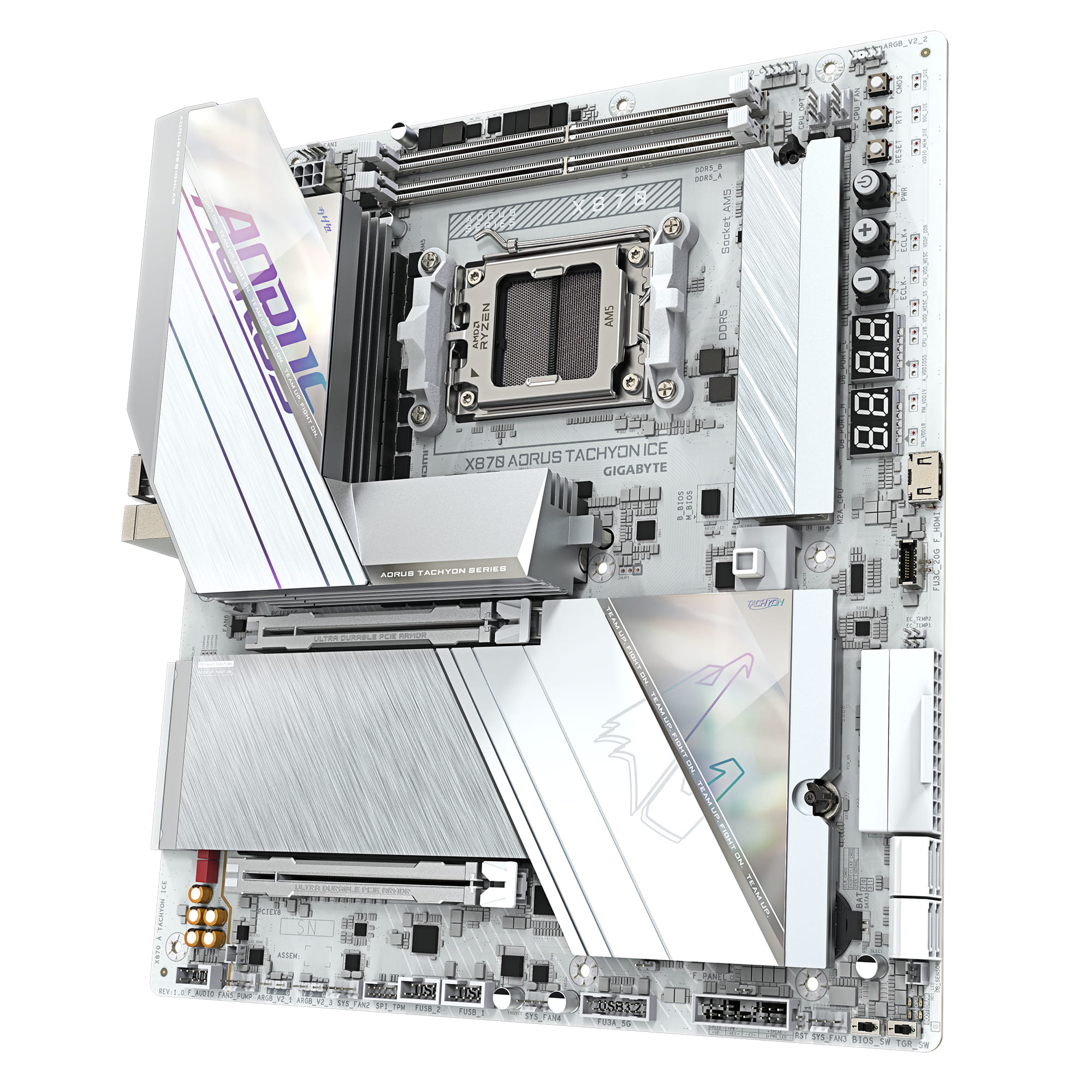Gigabyte X870 AORUS TACHYON ICE Mainboard – Unterstützt AMD Ryzen 9000 CPUs, digitale 18+2+2 Phasen VRM, bis zu 9600 MHz DDR5 (OC), 1 x PCIe 5.0 + 2 x PCIe 4.0, Wi-Fi 7, 5 GbE LAN, USB 4, AMD, Sockel AM5, AMD Ryzen 7000 Series, AMD Ryzen 8000 Series, 