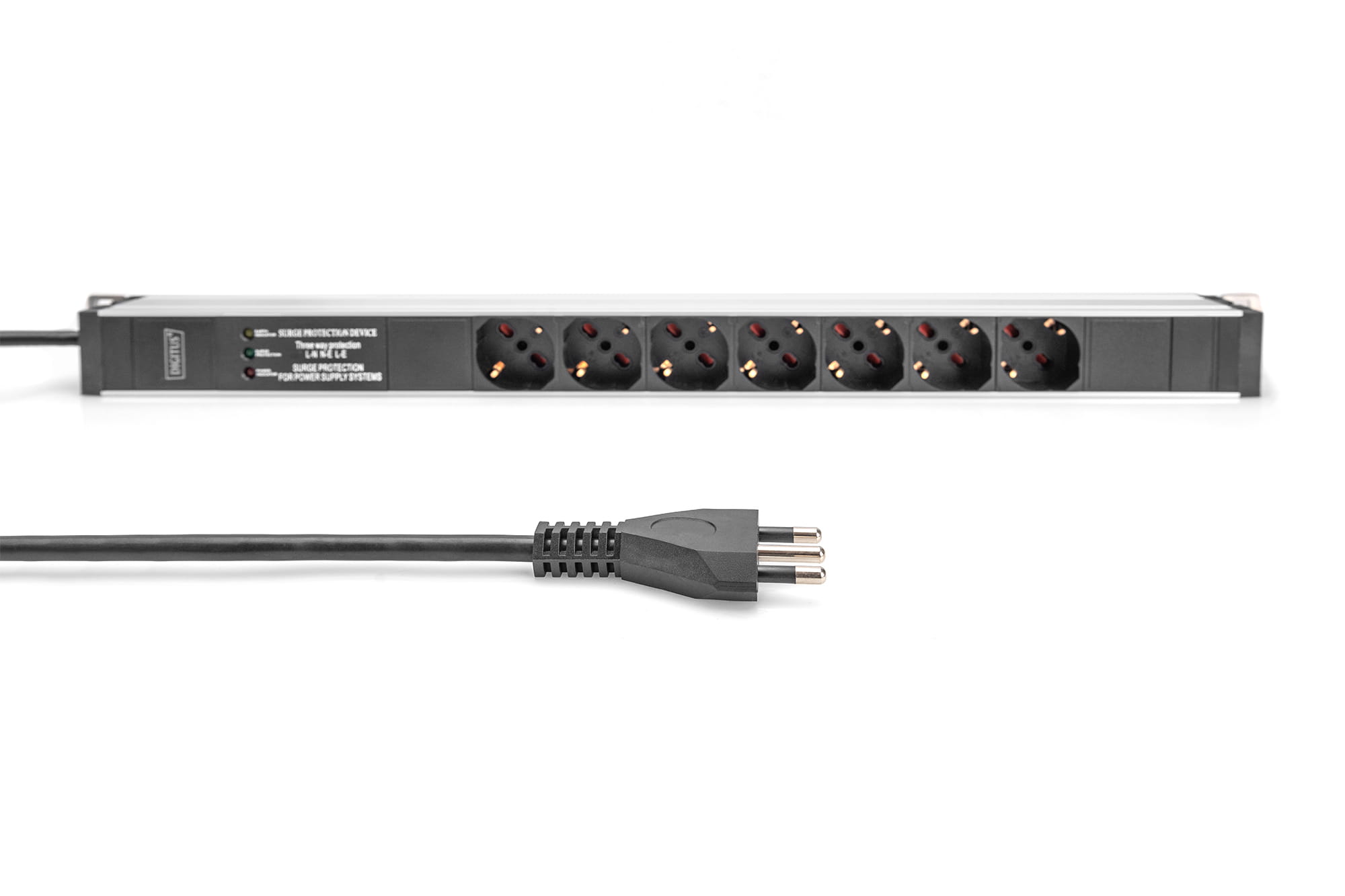 DIGITUS Steckdosenleiste (Rack - einbaufähig) - mit Aluminiumprofil und Überspannungsschutz, integrierter Netzfilter - Wechselstrom 230 V - 4000 Watt - Eingabe, Eingang Stromversorgung - Ausgangsanschlüsse: 7 (Typ L)