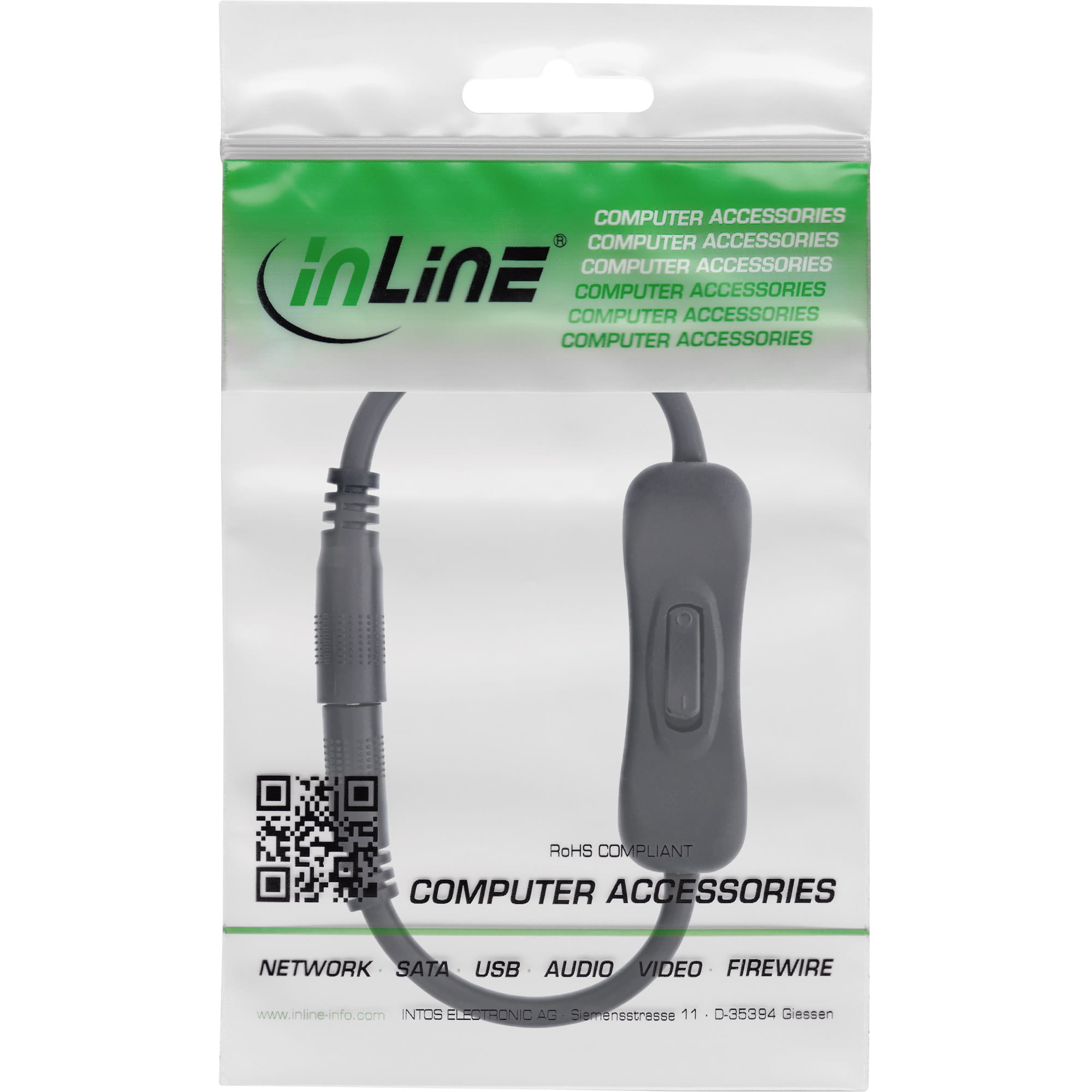 InLine DC Kabel mit Schalter - DC ST/BU 5,5x2,5mm - AWG 18 - schwarz - 0,20m
