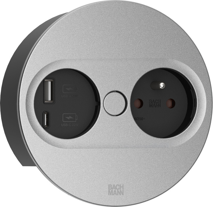 Bachmann 946.014, Type E + USB A + USB C, Desktop eingebettet, 4 cm, Edelstahl, Metall, Kunststoff, IP20