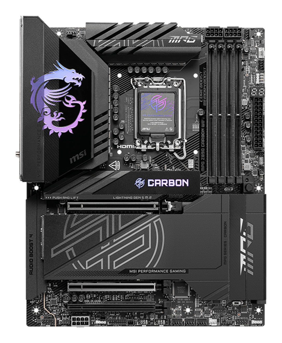 MSI MPG Z890 Carbon WiFi - Motherboard - ATX - LGA1851 Sockel - Z890 Chipsatz - USB 3.2 Gen 1, USB-C 3.2 Gen 2x2 - 2.5 Gigabit LAN, 5 Gigabit Ethernet, Wi-Fi 7, Bluetooth - Onboard-Grafik (CPU erforderlich)