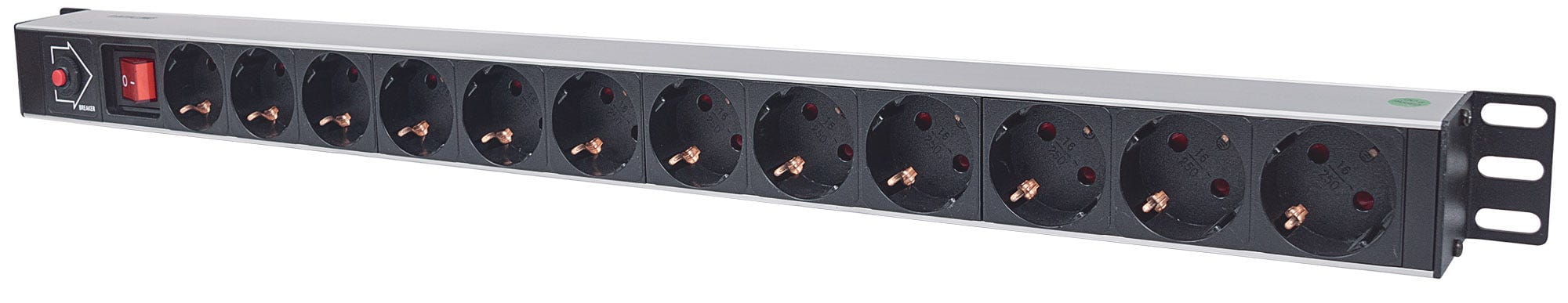 Intellinet Vertical Rackmount 12-Way Power Strip - German Type, With On/Off Switch and Overload Protection, 1.6m Power Cord - Steckdosenleiste (Rack - einbaufähig)