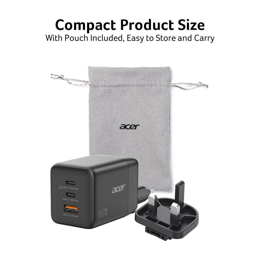 Acer Netzteil - PPS- und GaN-Technologie - 100 Watt - PD 3.0 - 3 Ausgabeanschlussstellen (USB, 2 x USB-C)