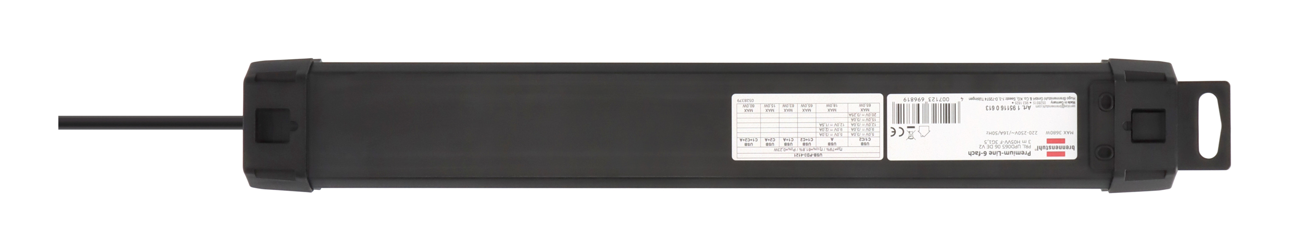 Brennenstuhl 1951160613, 3 m, Drinnen, Kunststoff, Schwarz, 6 AC-Ausgänge, 230 V