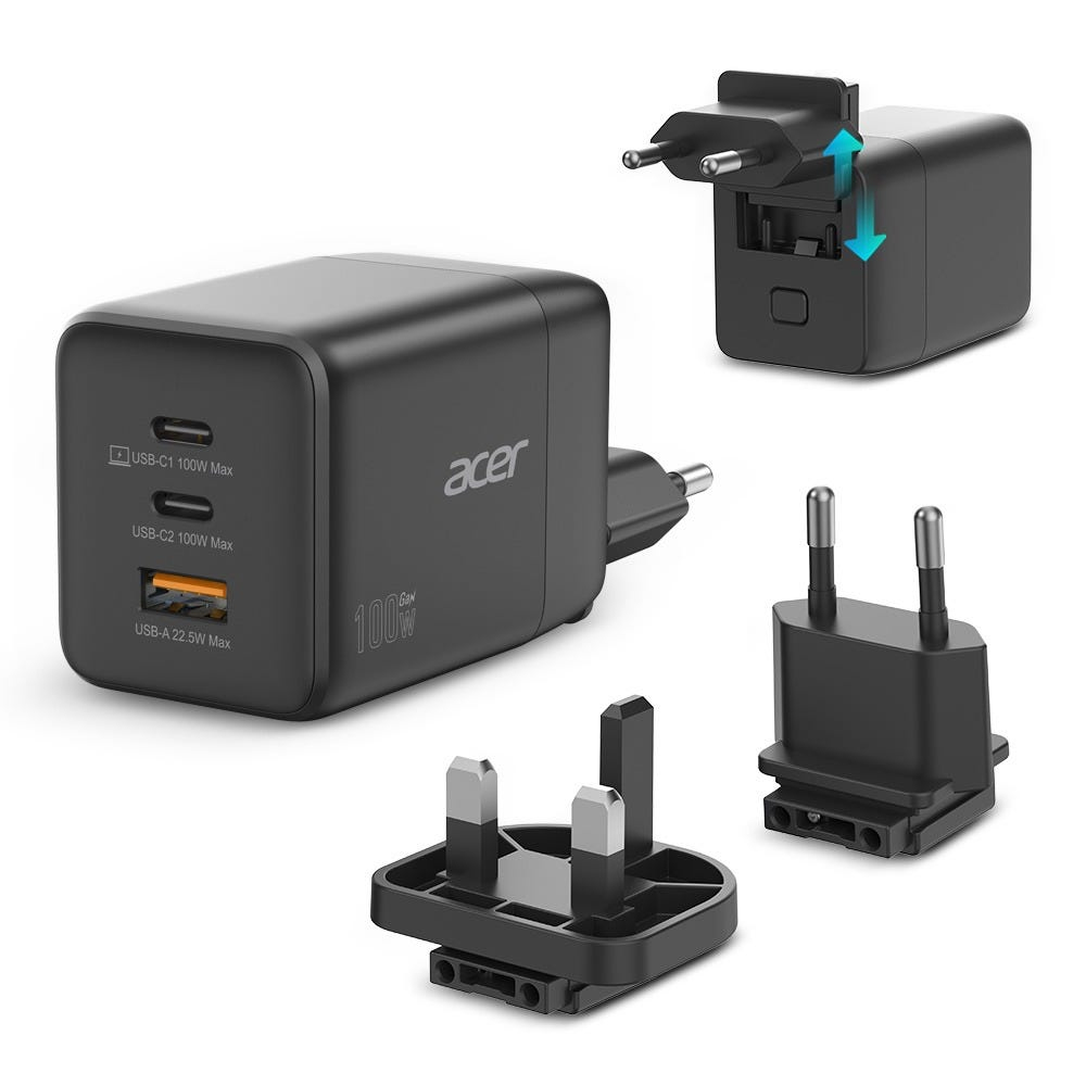Acer Netzteil - PPS- und GaN-Technologie - 100 Watt - PD 3.0 - 3 Ausgabeanschlussstellen (USB, 2 x USB-C)
