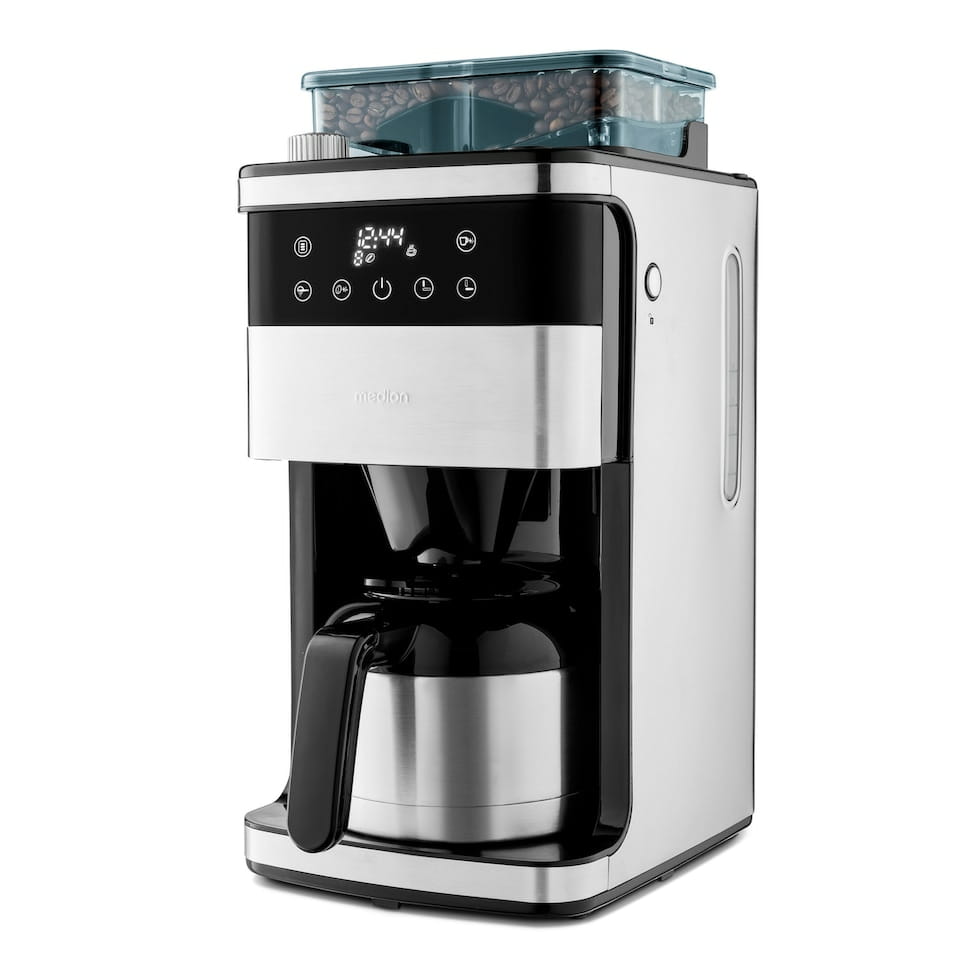 Medion KAFFEEMASCHINE MIT MAHLWERK MD 19911 8 Mahlstufen, 1 Liter Wassertank, Thermoskanne, Timer-Funktion, 800 - 1000 Watt, Filterkaffeemaschine, 1 l, Kaffeebohnen, Eingebautes Mahlwerk, 1000 W, Schwarz, Edelstahl