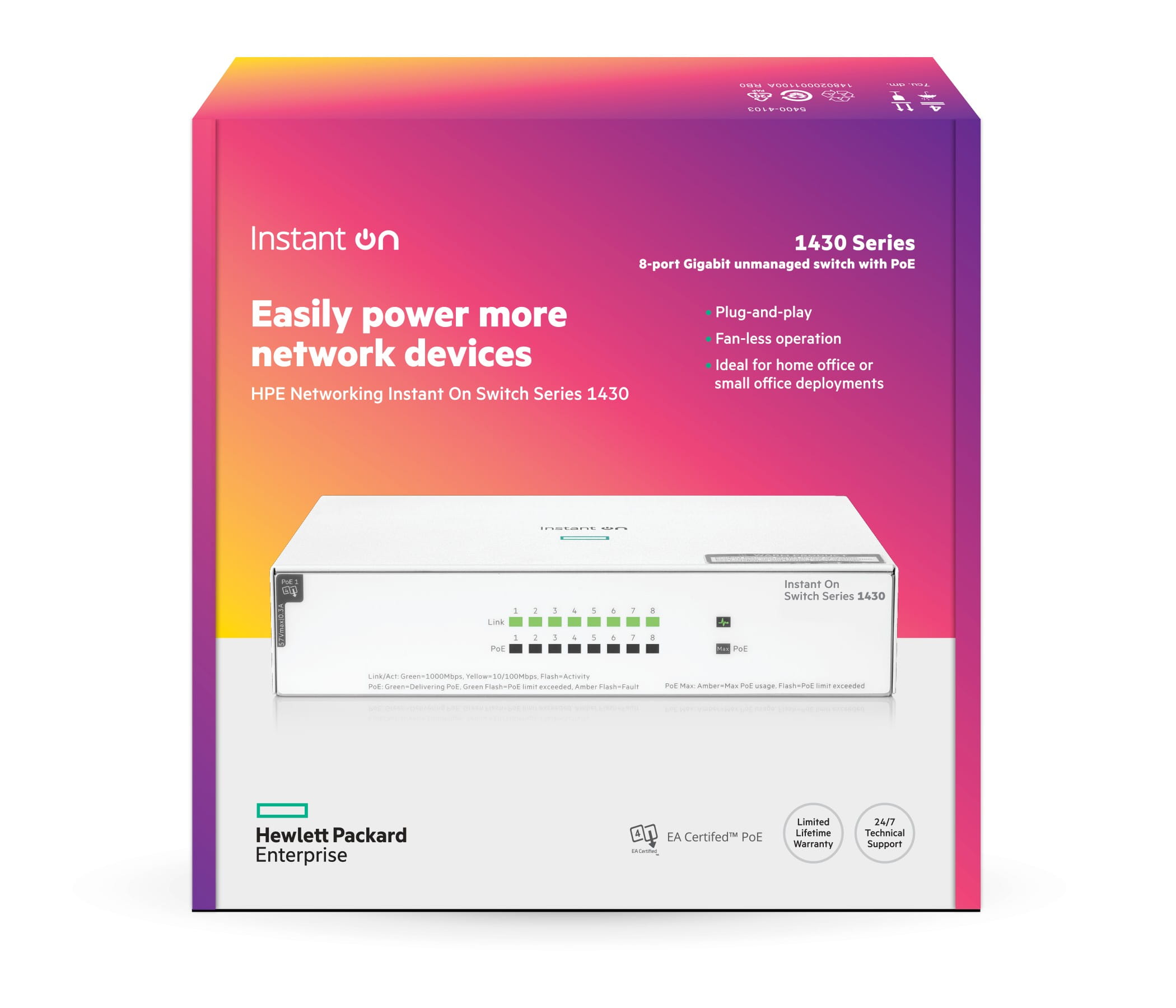 HPE Networking Instant On 1430 8G Class4 PoE 64W Switch - Switch - unmanaged - 8 x 10/100/1000 (PoE Class 4)