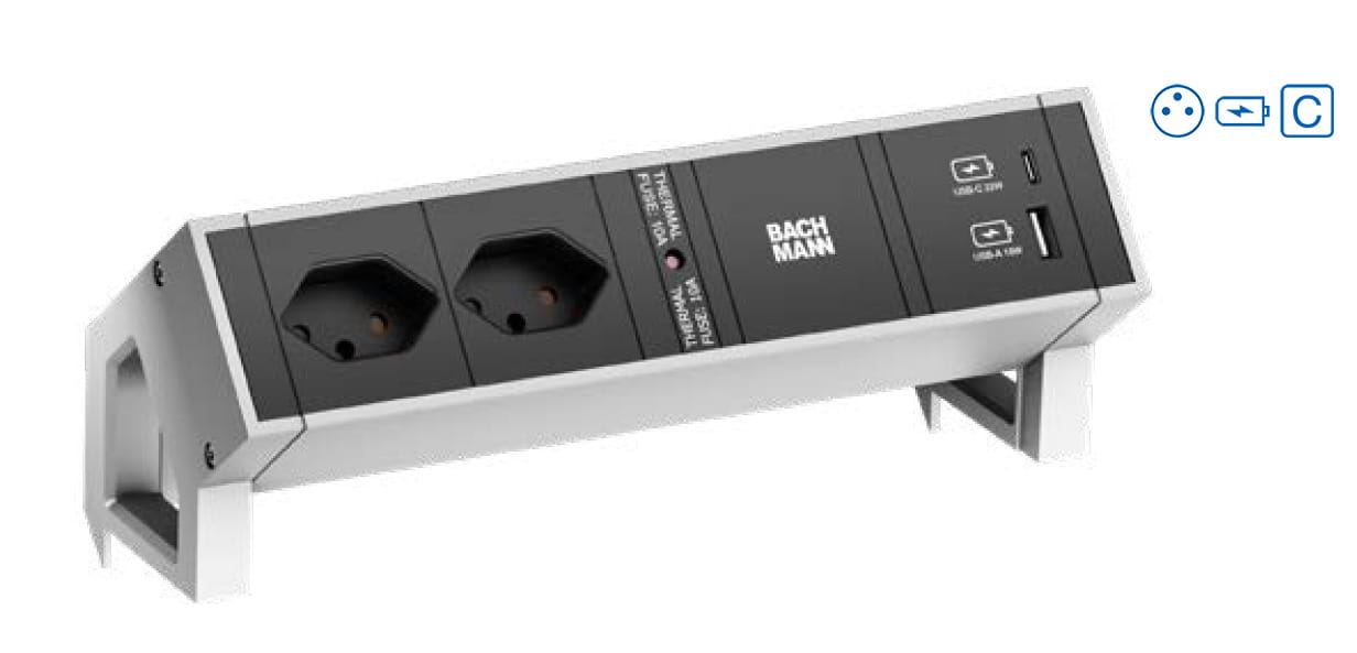 Bachmann DESK 2 - Steckdosenleiste - Inklusive Montageschelle - Eingabe, Eingang GST18 - Ausgangsanschlüsse: 2 (2 x Power UTE, 24 pin USB-C, USB)