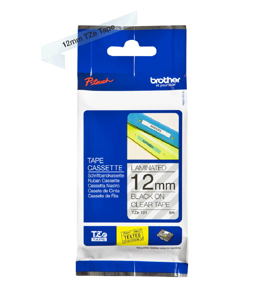 Brother TZe-131 - Standard-Klebstoff - schwarz auf durchsichtig - Rolle (1,2 cm x 8 m)